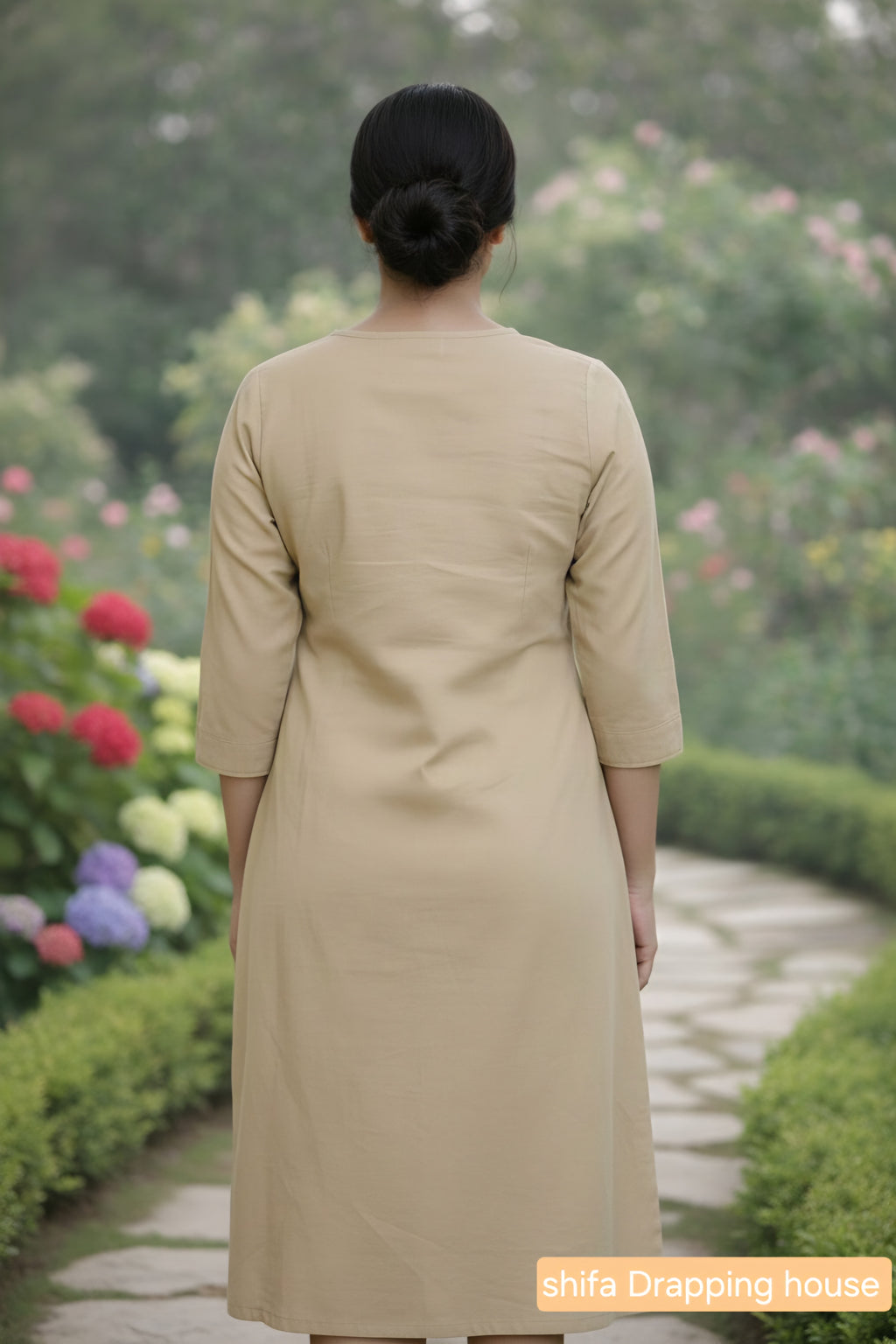 Women's Beige Cotton Straight Kurta with Geometric Stitching & 3/4 Sleeves