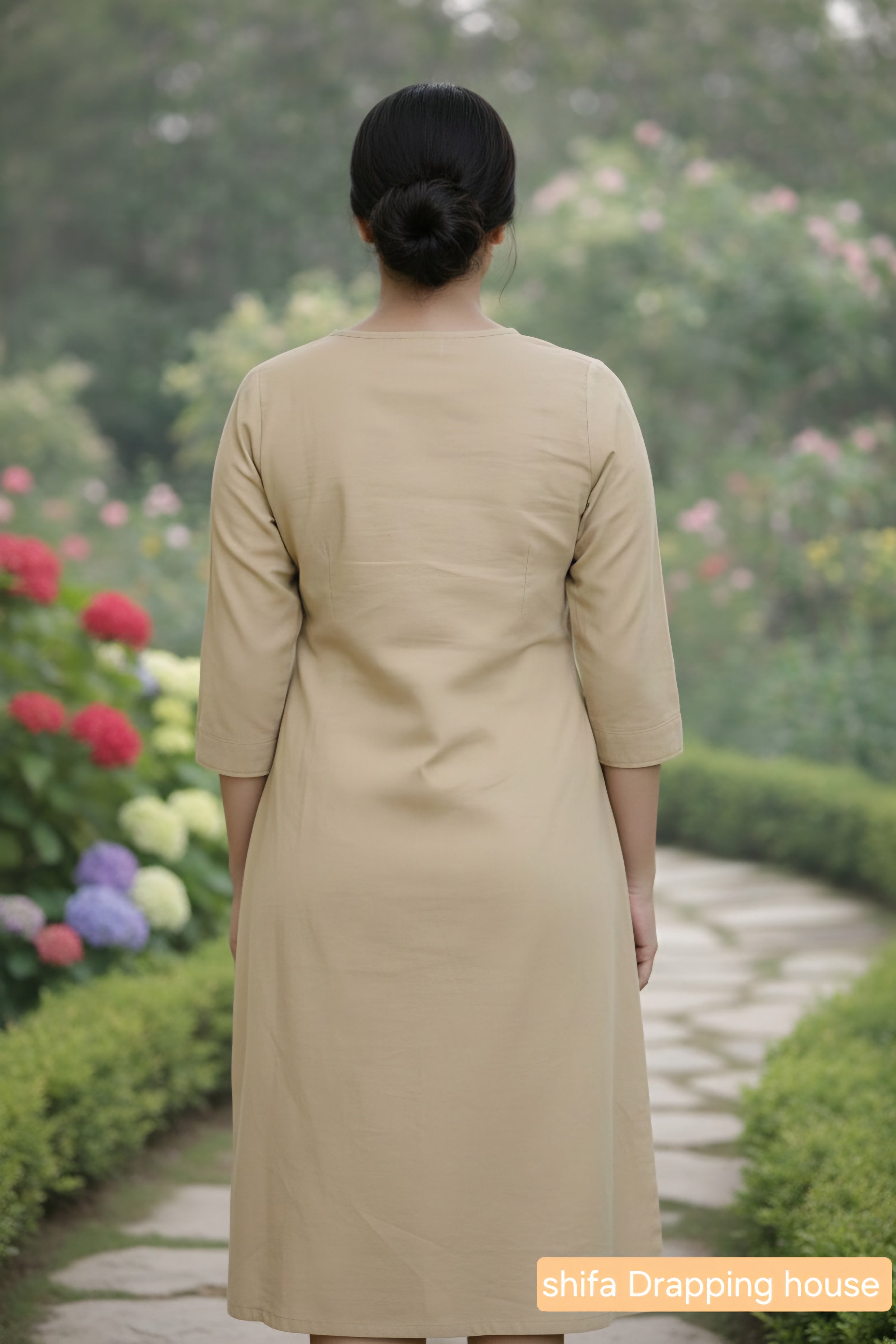 Women's Beige Cotton Straight Kurta with Geometric Stitching & 3/4 Sleeves