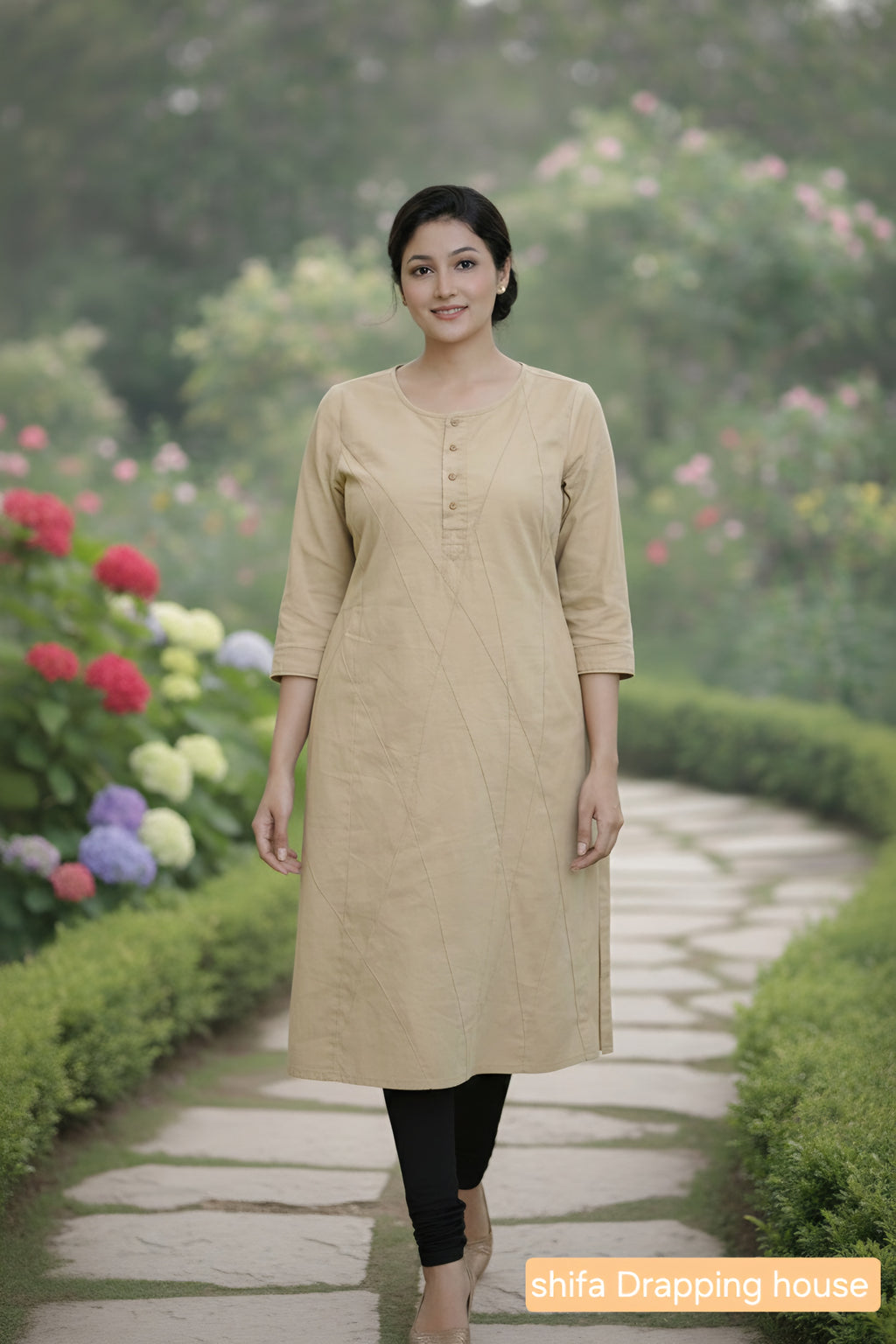 Women's Beige Cotton Straight Kurta with Geometric Stitching & 3/4 Sleeves