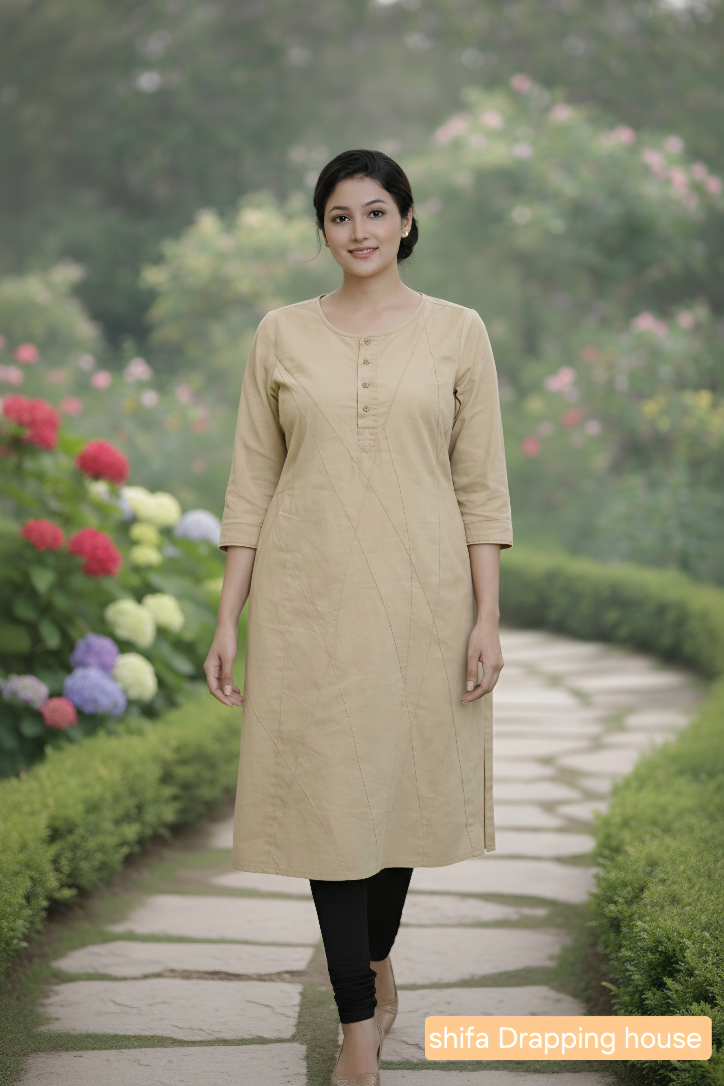 Women's Beige Cotton Straight Kurta with Geometric Stitching & 3/4 Sleeves