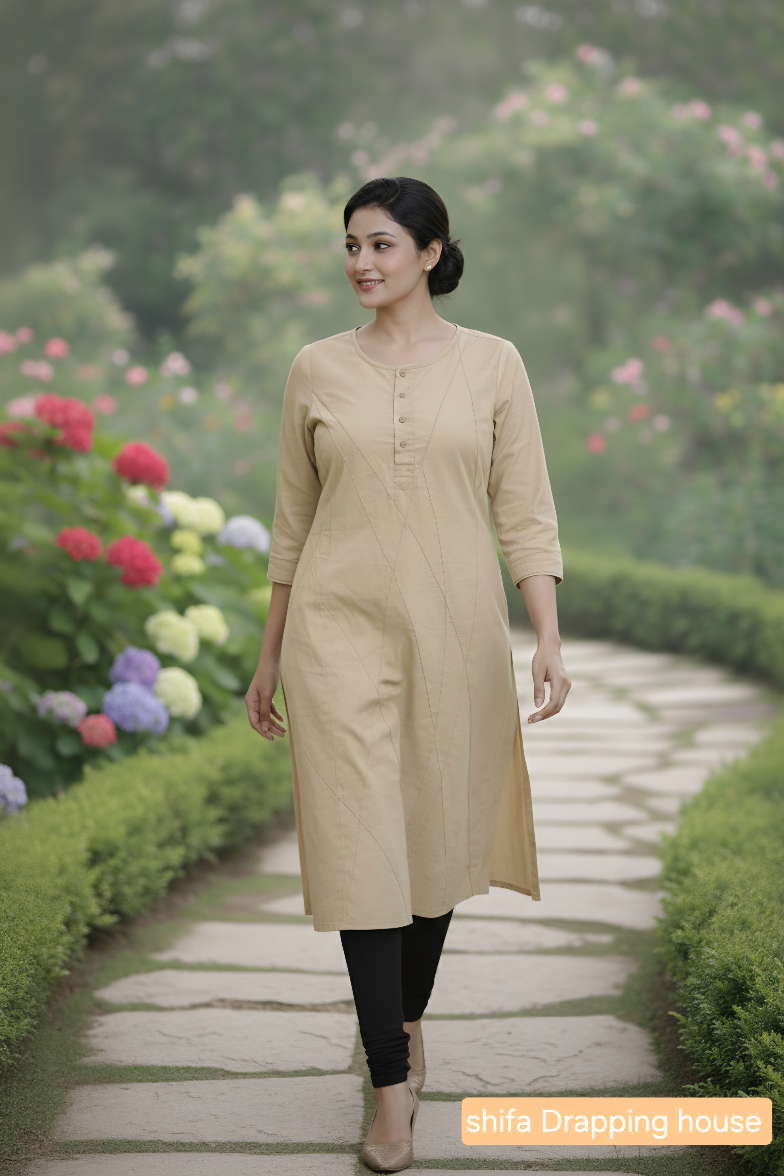 Women's Beige Cotton Straight Kurta with Geometric Stitching & 3/4 Sleeves