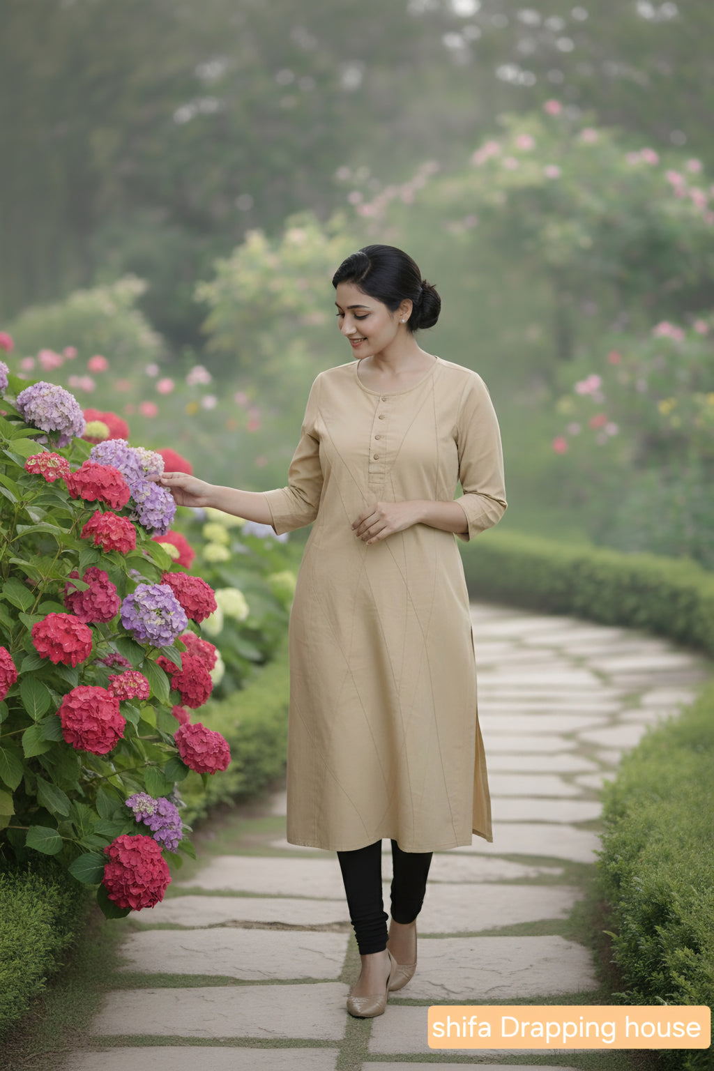 Women's Beige Cotton Straight Kurta with Geometric Stitching & 3/4 Sleeves