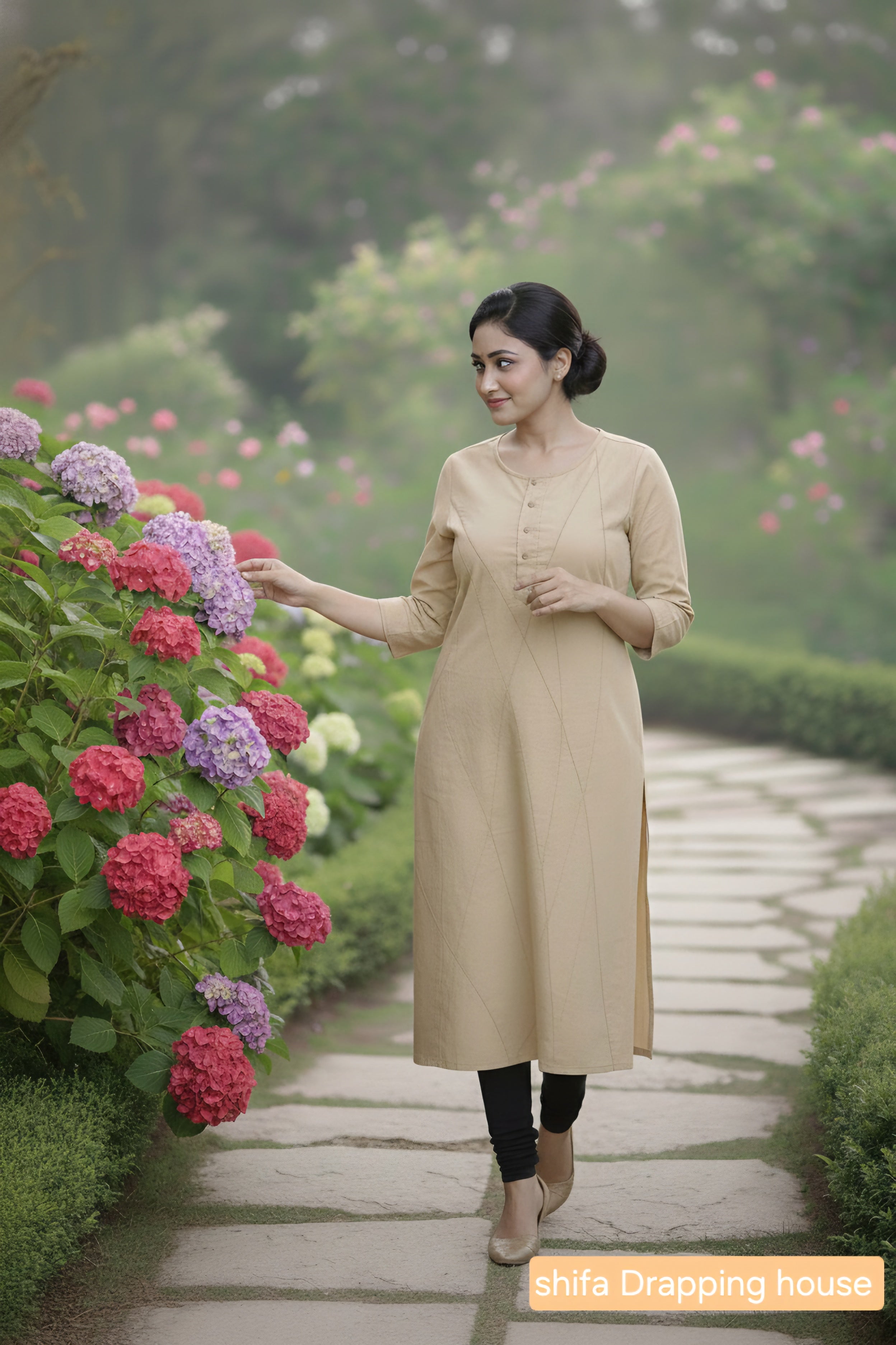 Women's Beige Cotton Straight Kurta with Geometric Stitching & 3/4 Sleeves