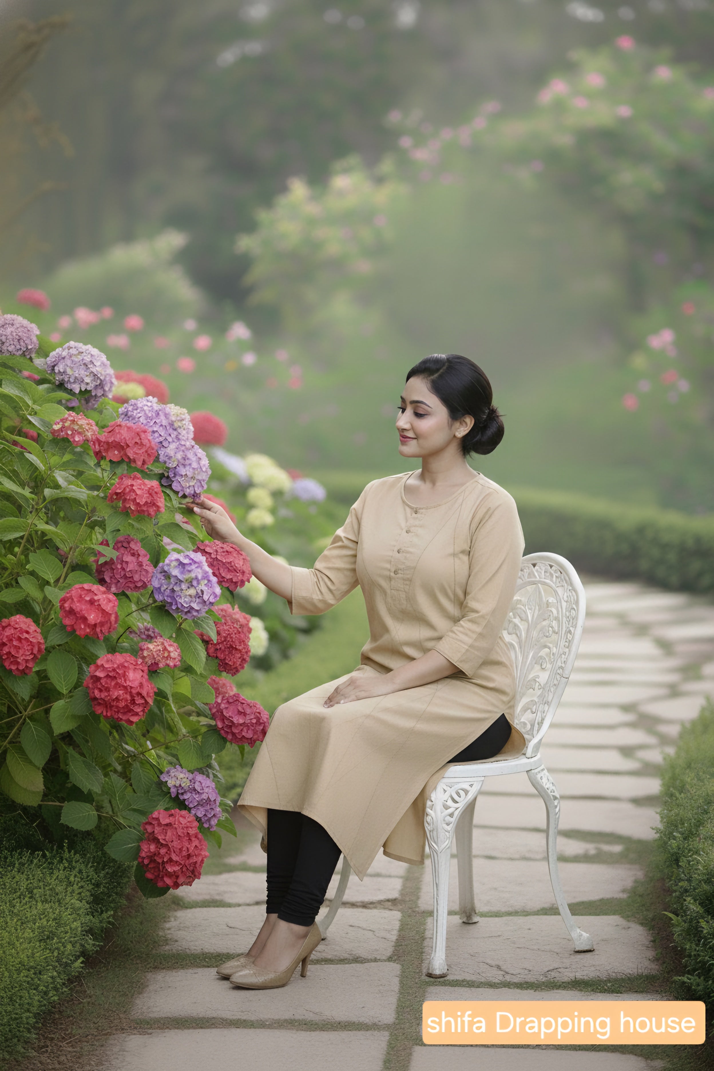 Women's Beige Cotton Straight Kurta with Geometric Stitching & 3/4 Sleeves