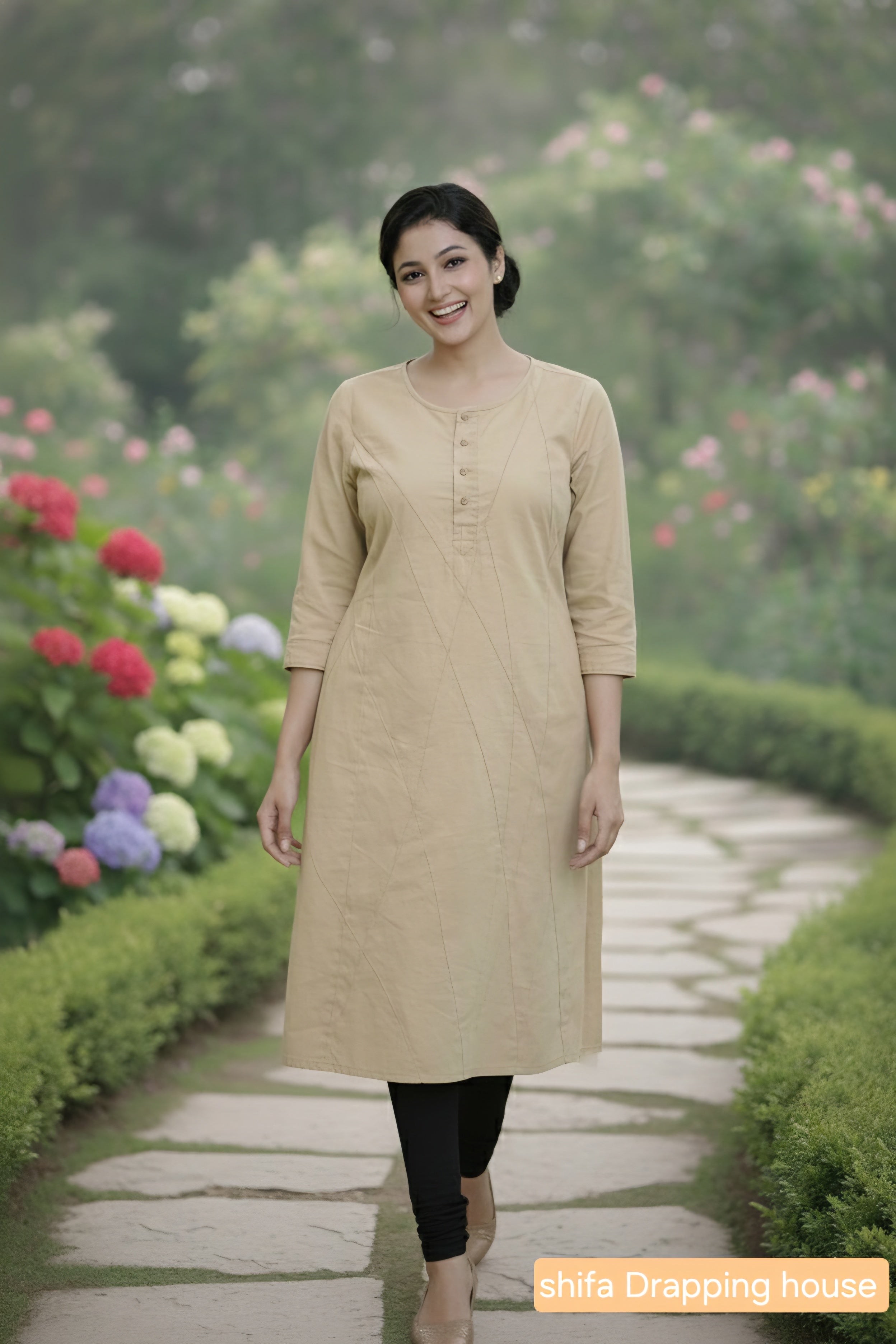 Women's Beige Cotton Straight Kurta with Geometric Stitching & 3/4 Sleeves