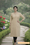Women's Beige Cotton Straight Kurta with Geometric Stitching & 3/4 Sleeves