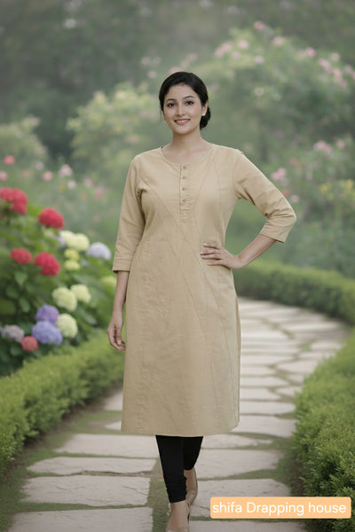 Women's Beige Cotton Straight Kurta with Geometric Stitching & 3/4 Sleeves