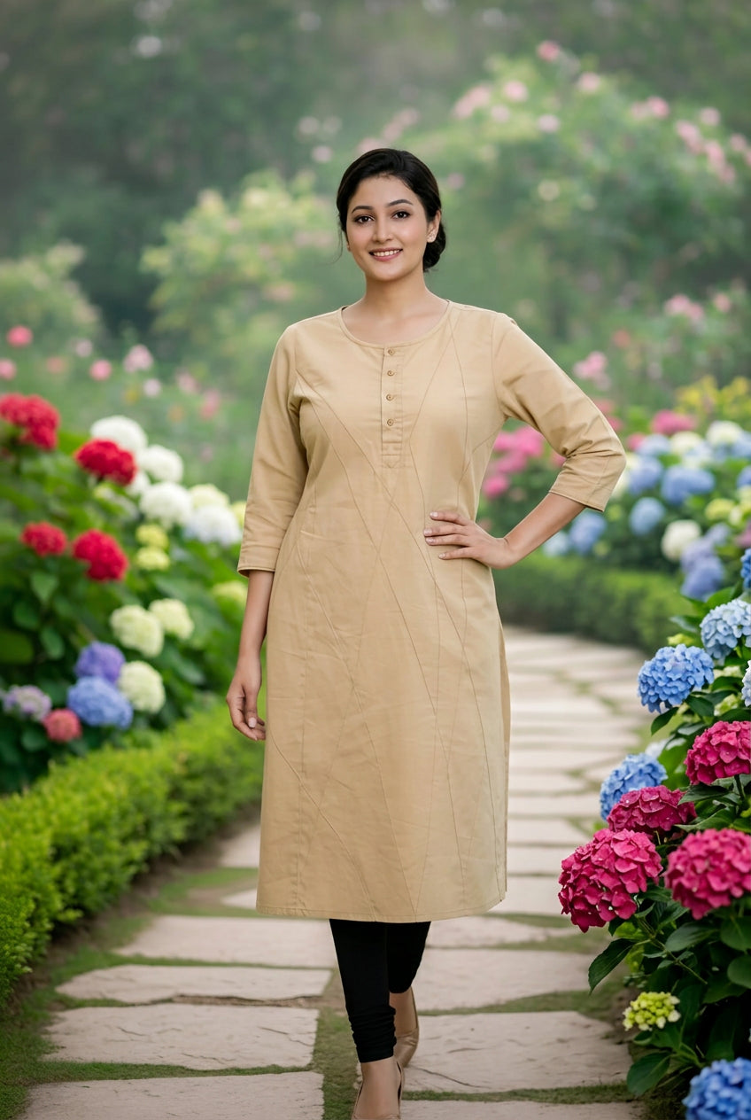Women's Beige Cotton Straight Kurta with Geometric Stitching & 3/4 Sleeves