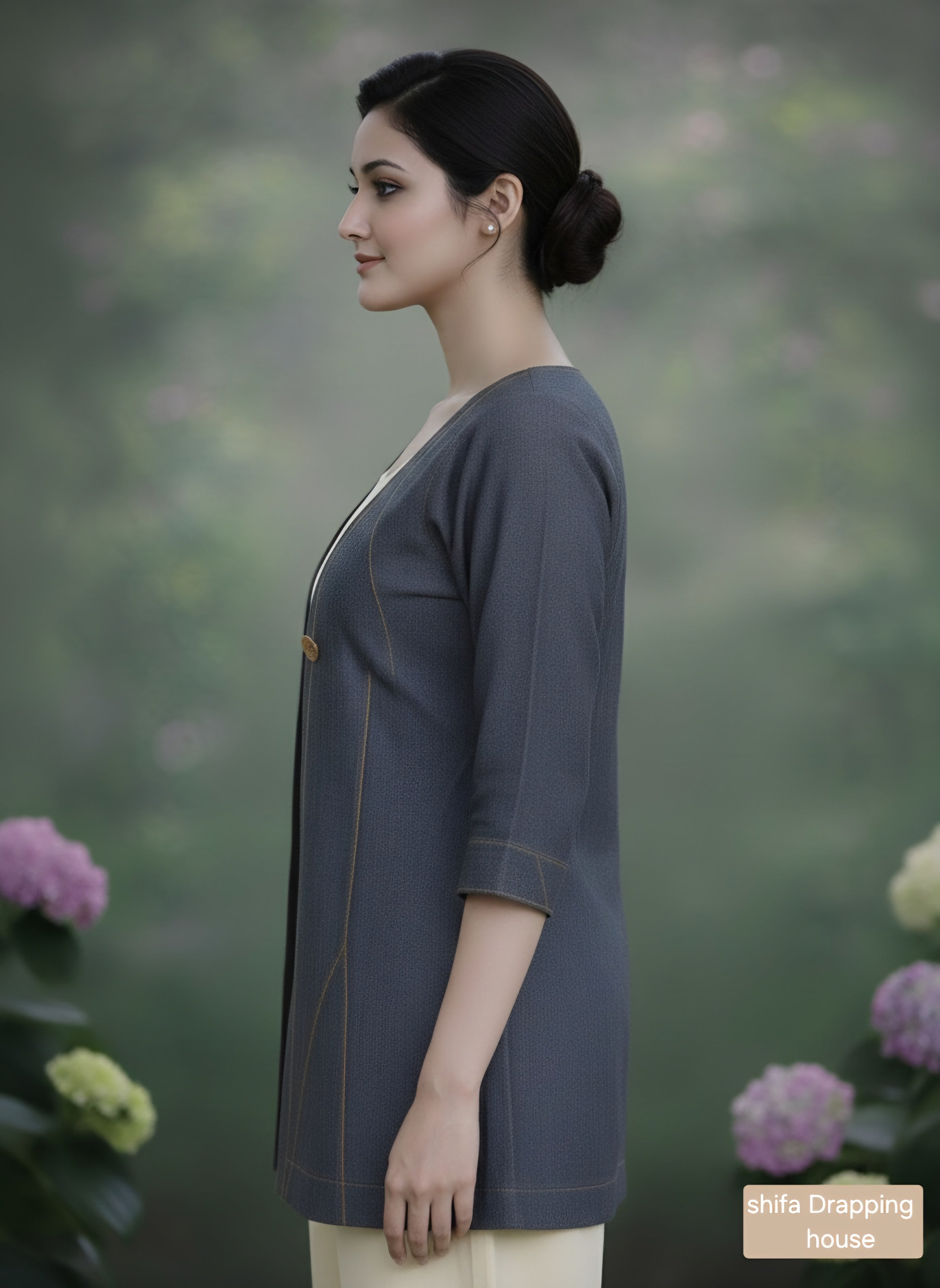 Shifa Drapping House – Designer1: black andGrey Denim Longline Shrug with Golden Zig-Zag Pintuck Detailing