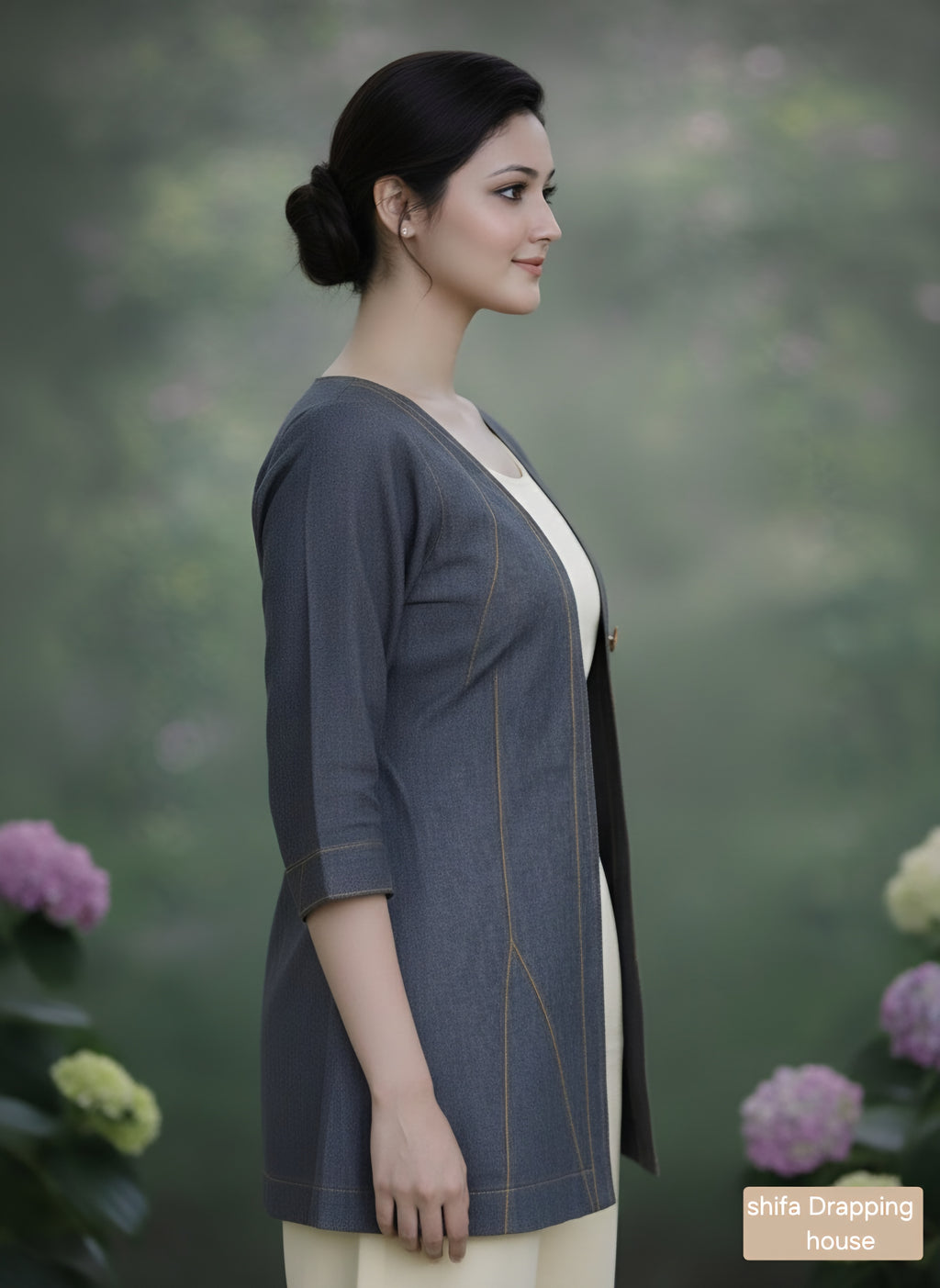 Shifa Drapping House – Designer1: black andGrey Denim Longline Shrug with Golden Zig-Zag Pintuck Detailing