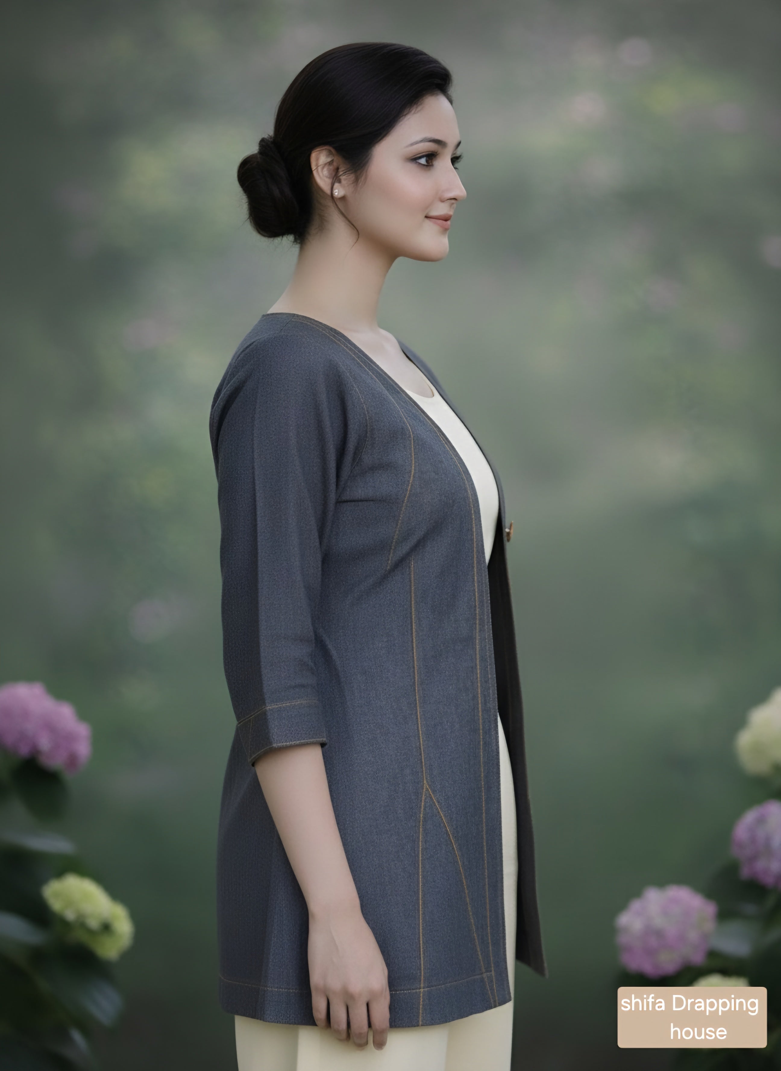 Shifa Drapping House – Designer1: black andGrey Denim Longline Shrug with Golden Zig-Zag Pintuck Detailing