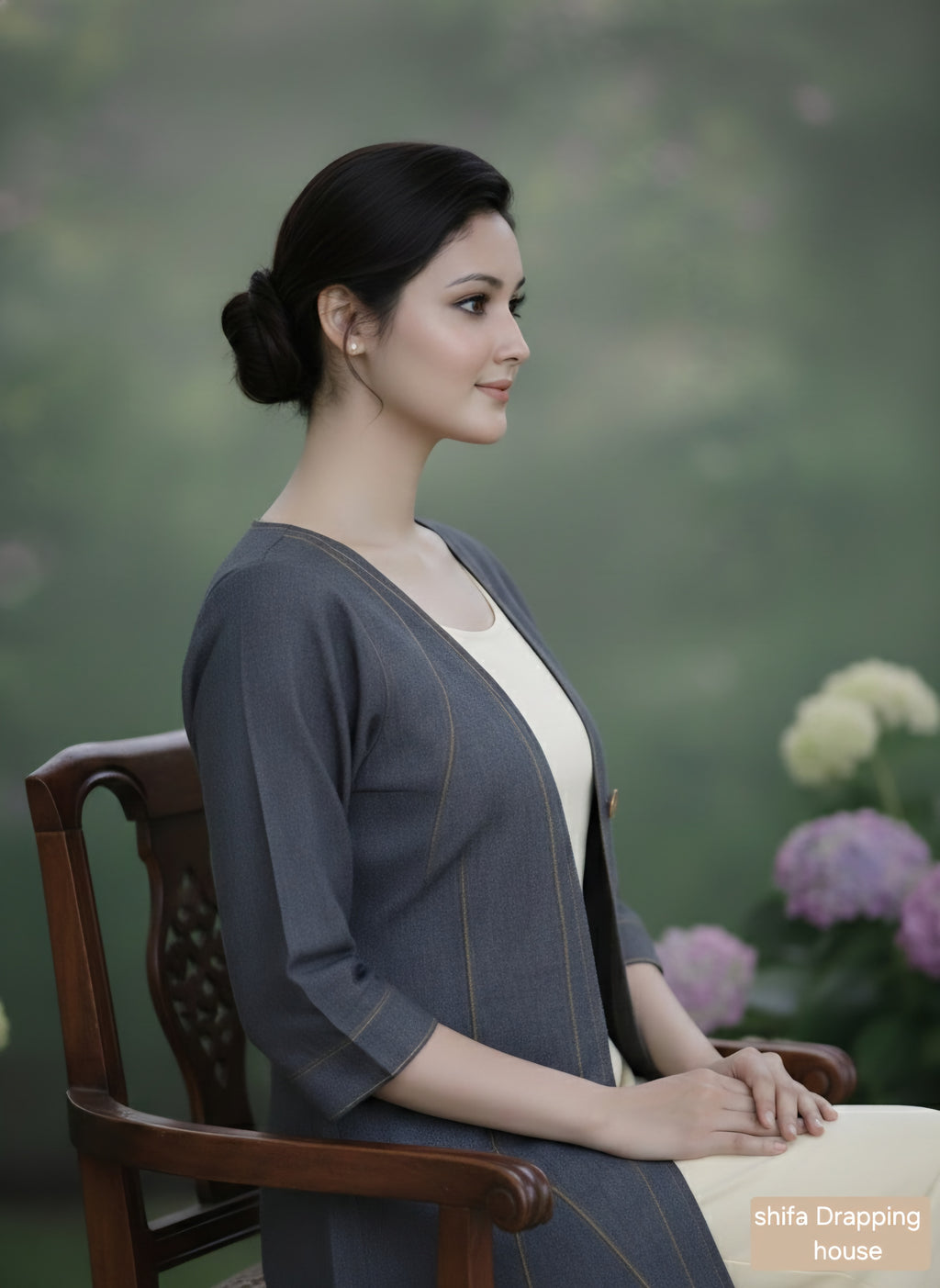 Shifa Drapping House – Designer1: black andGrey Denim Longline Shrug with Golden Zig-Zag Pintuck Detailing