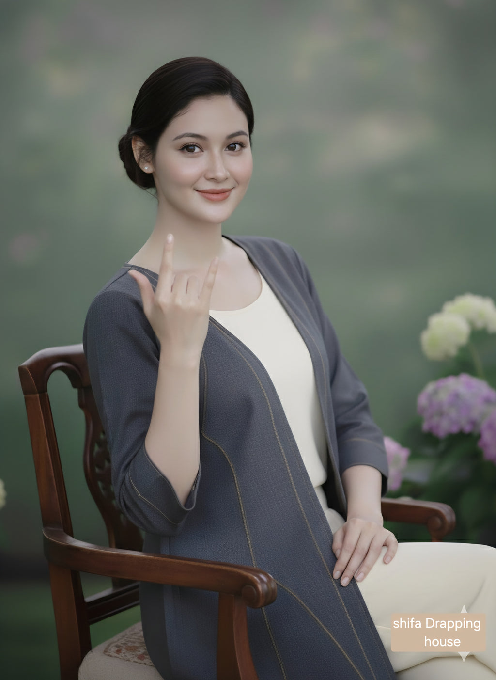 Shifa Drapping House – Designer1: black andGrey Denim Longline Shrug with Golden Zig-Zag Pintuck Detailing