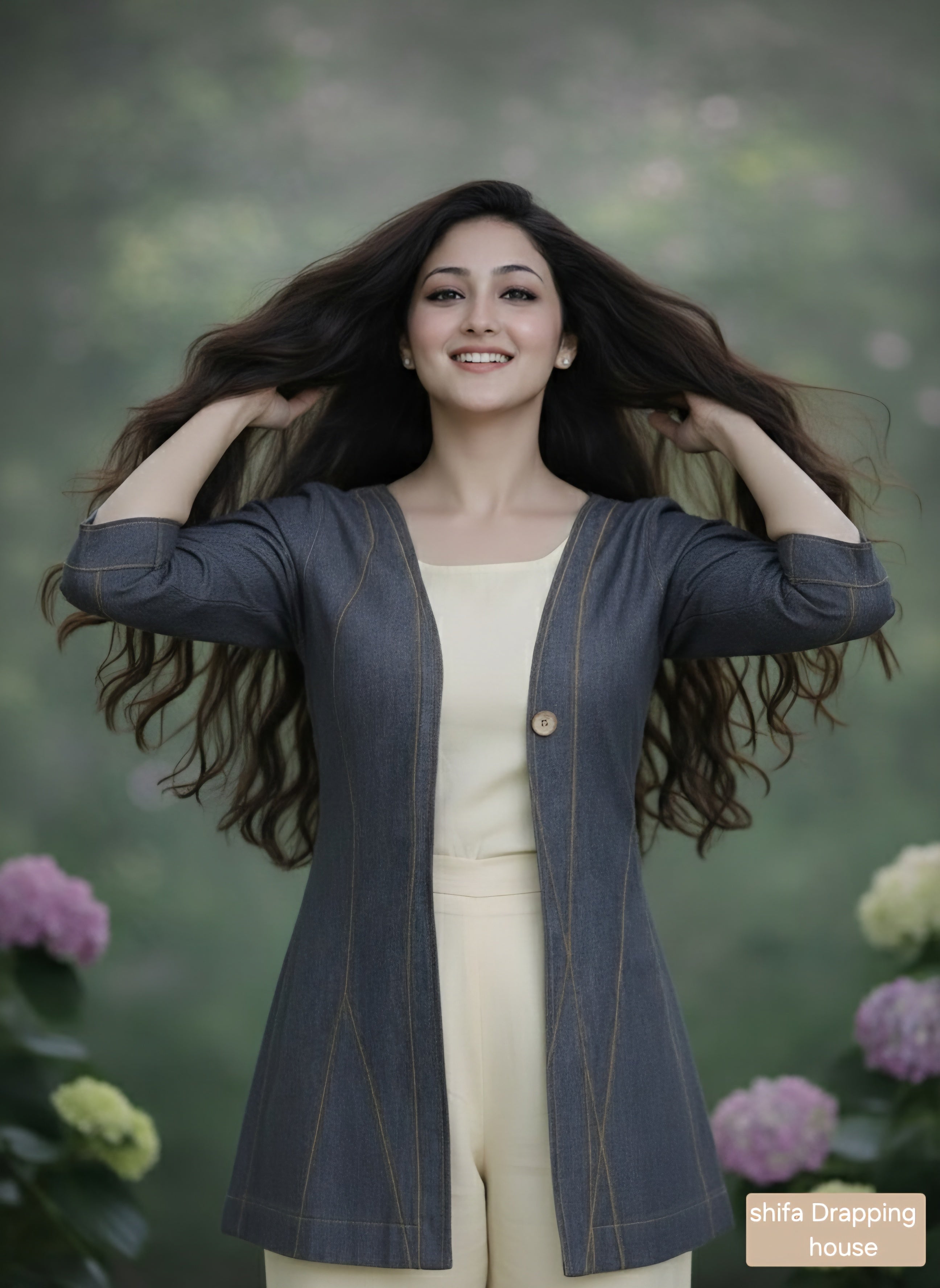 Shifa Drapping House – Designer1: black andGrey Denim Longline Shrug with Golden Zig-Zag Pintuck Detailing