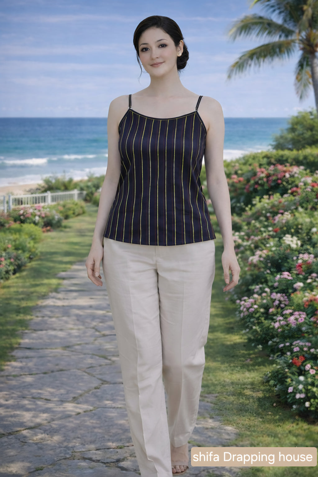 ShifaDrappinghouse (Trendy): Linear Embroidered Denim Inner - Red & Yellow Contrast Stitch