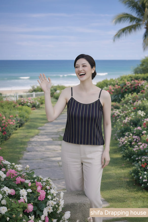 ShifaDrappinghouse (Trendy): Linear Embroidered Denim Inner - Red & Yellow Contrast Stitch