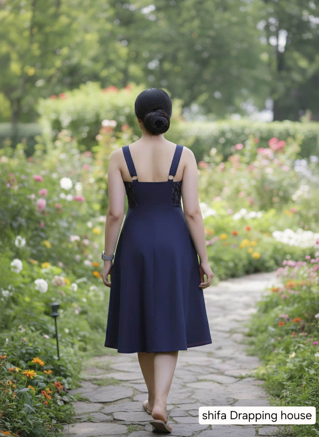 ShifaDrappinghouse.Blue Denim A-Line Dress with Multi-Color Anchor Stitch Embroidery