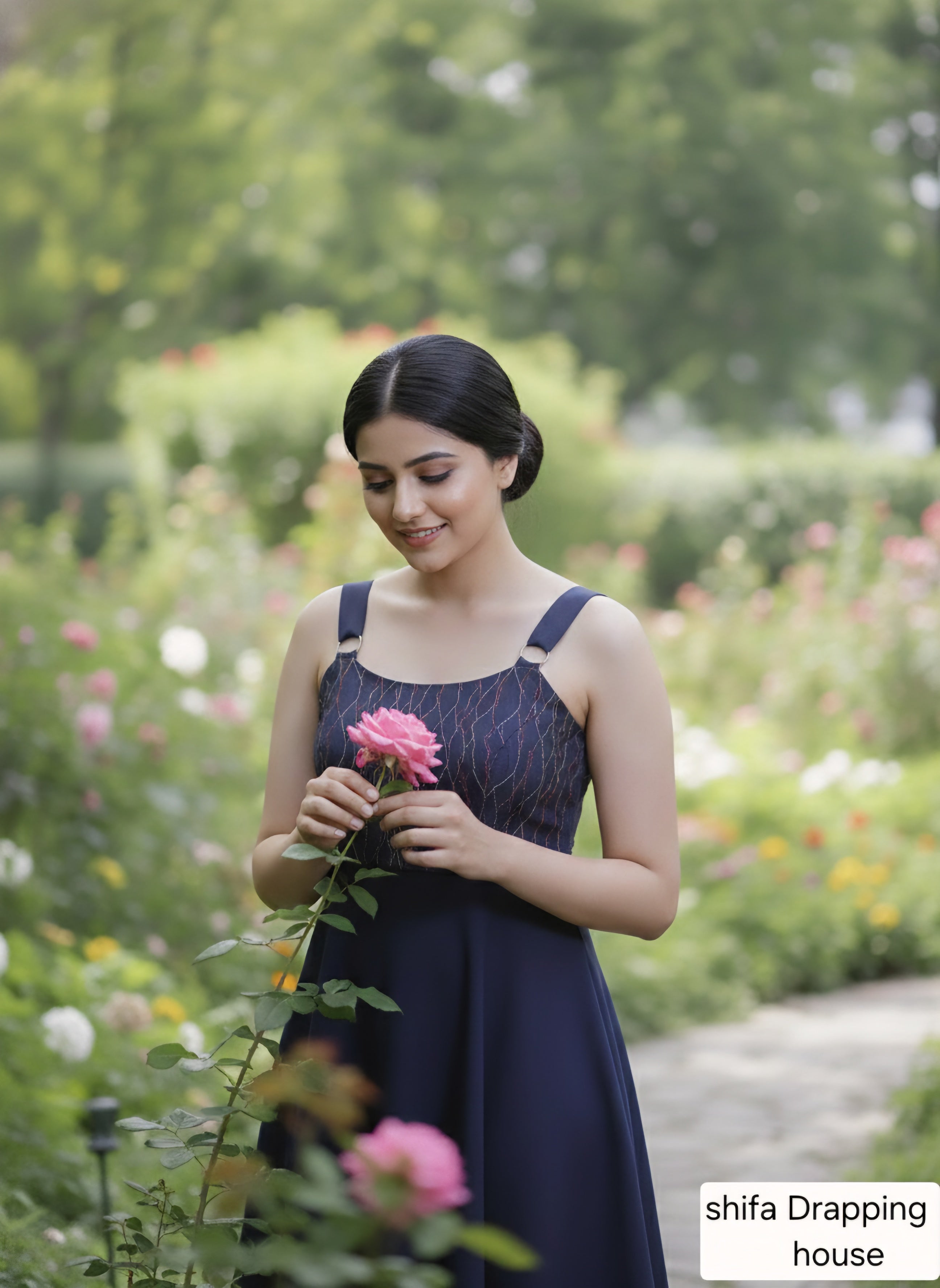 ShifaDrappinghouse.Blue Denim A-Line Dress with Multi-Color Anchor Stitch Embroidery