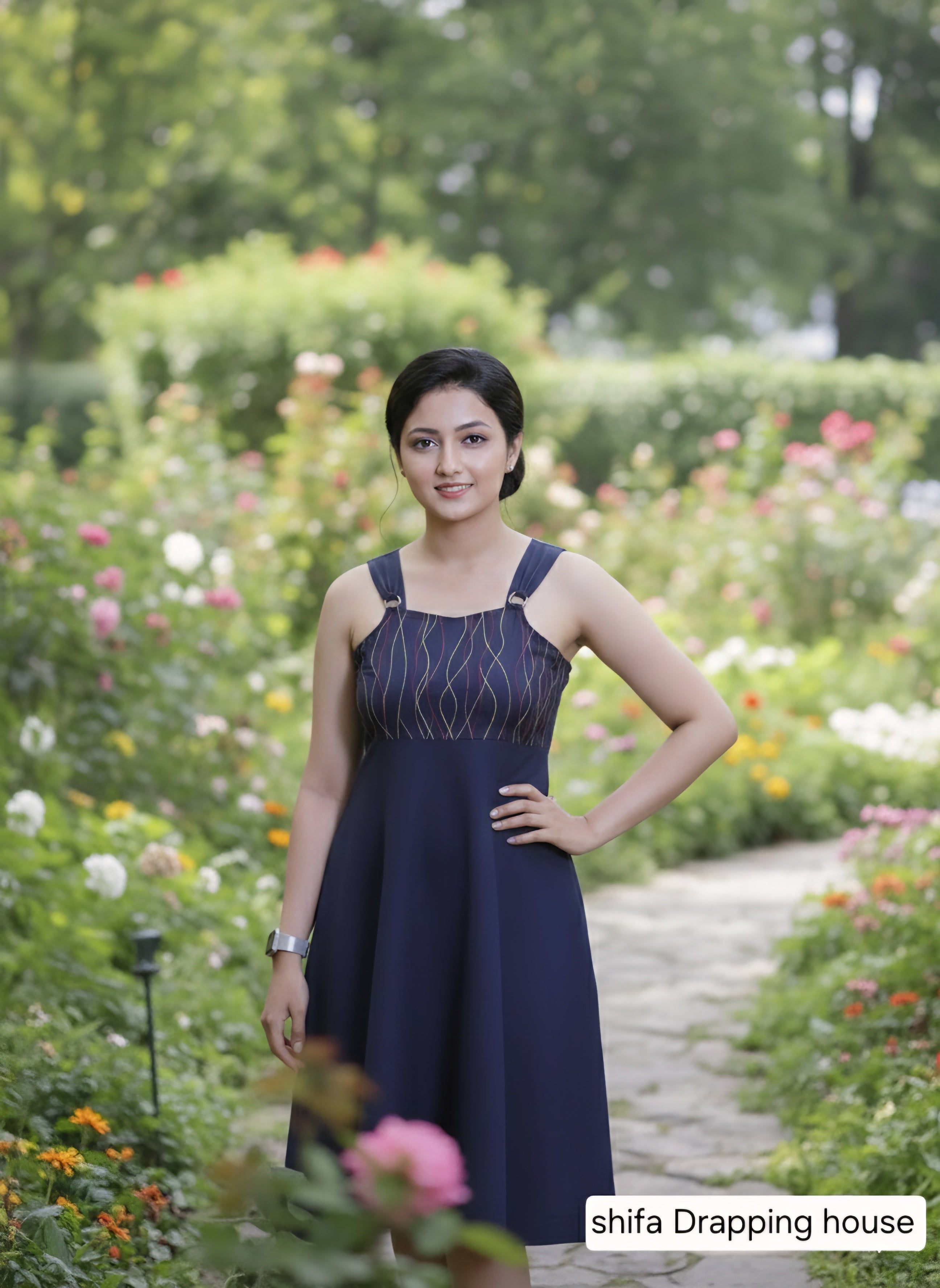 ShifaDrappinghouse.Blue Denim A-Line Dress with Multi-Color Anchor Stitch Embroidery