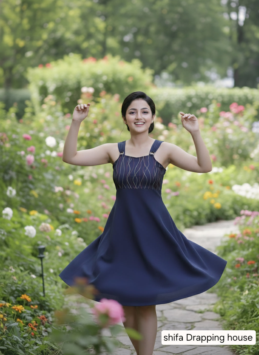ShifaDrappinghouse.Blue Denim A-Line Dress with Multi-Color Anchor Stitch Embroidery