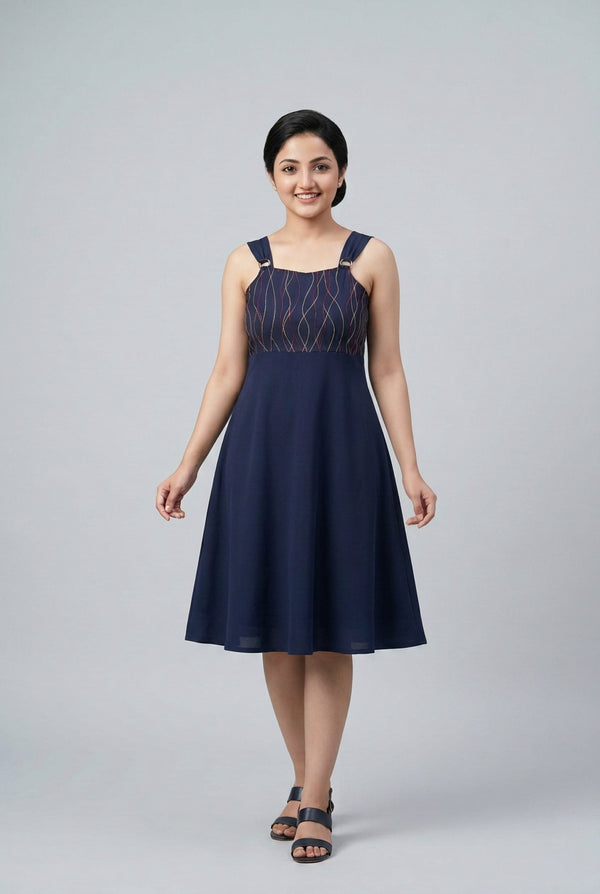 ShifaDrappinghouse.Blue Denim A-Line Dress with Multi-Color Anchor Stitch Embroidery