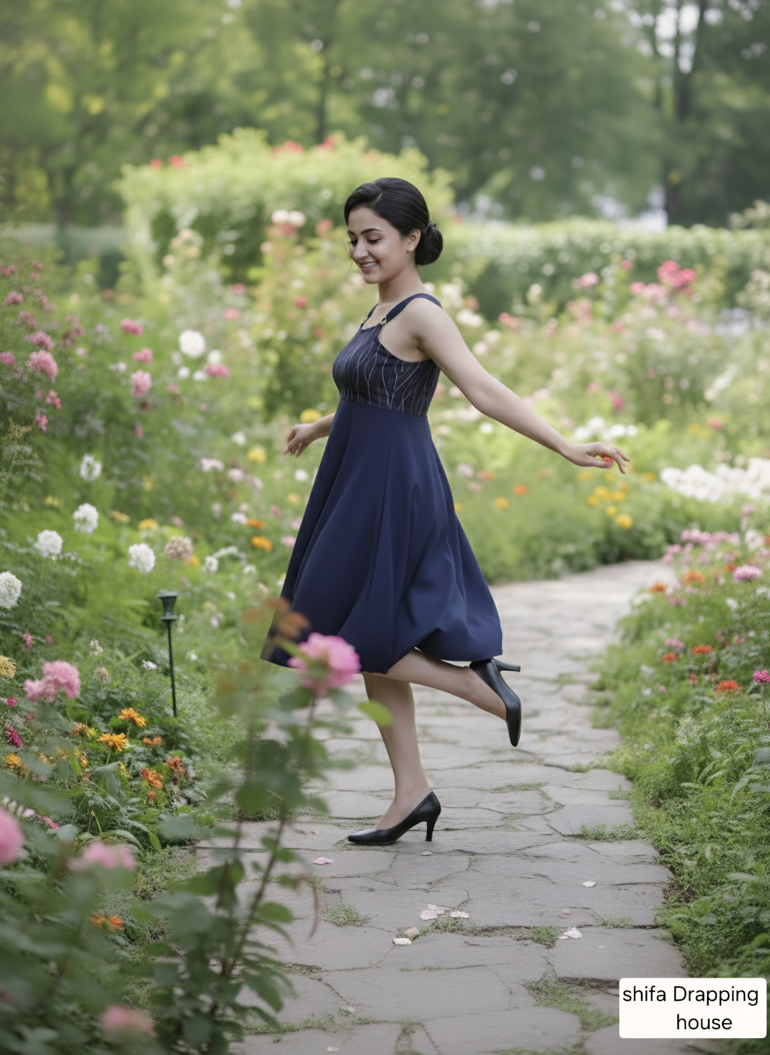 ShifaDrappinghouse.Blue Denim A-Line Dress with Multi-Color Anchor Stitch Embroidery