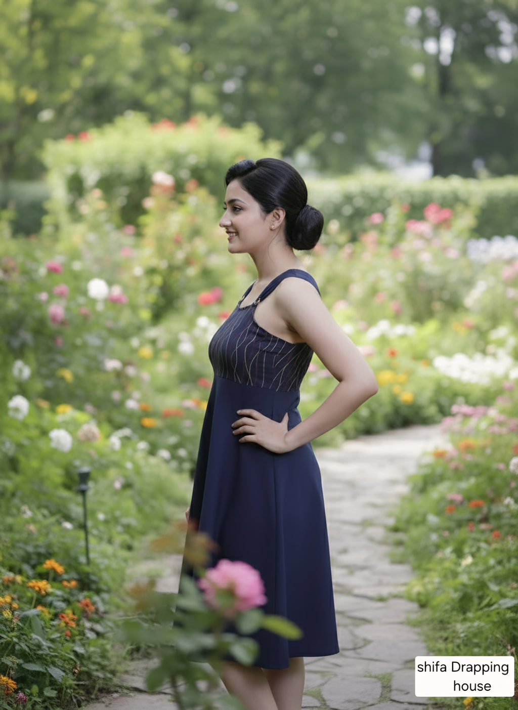 ShifaDrappinghouse.Blue Denim A-Line Dress with Multi-Color Anchor Stitch Embroidery