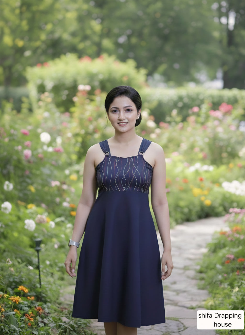 ShifaDrappinghouse.Blue Denim A-Line Dress with Multi-Color Anchor Stitch Embroidery