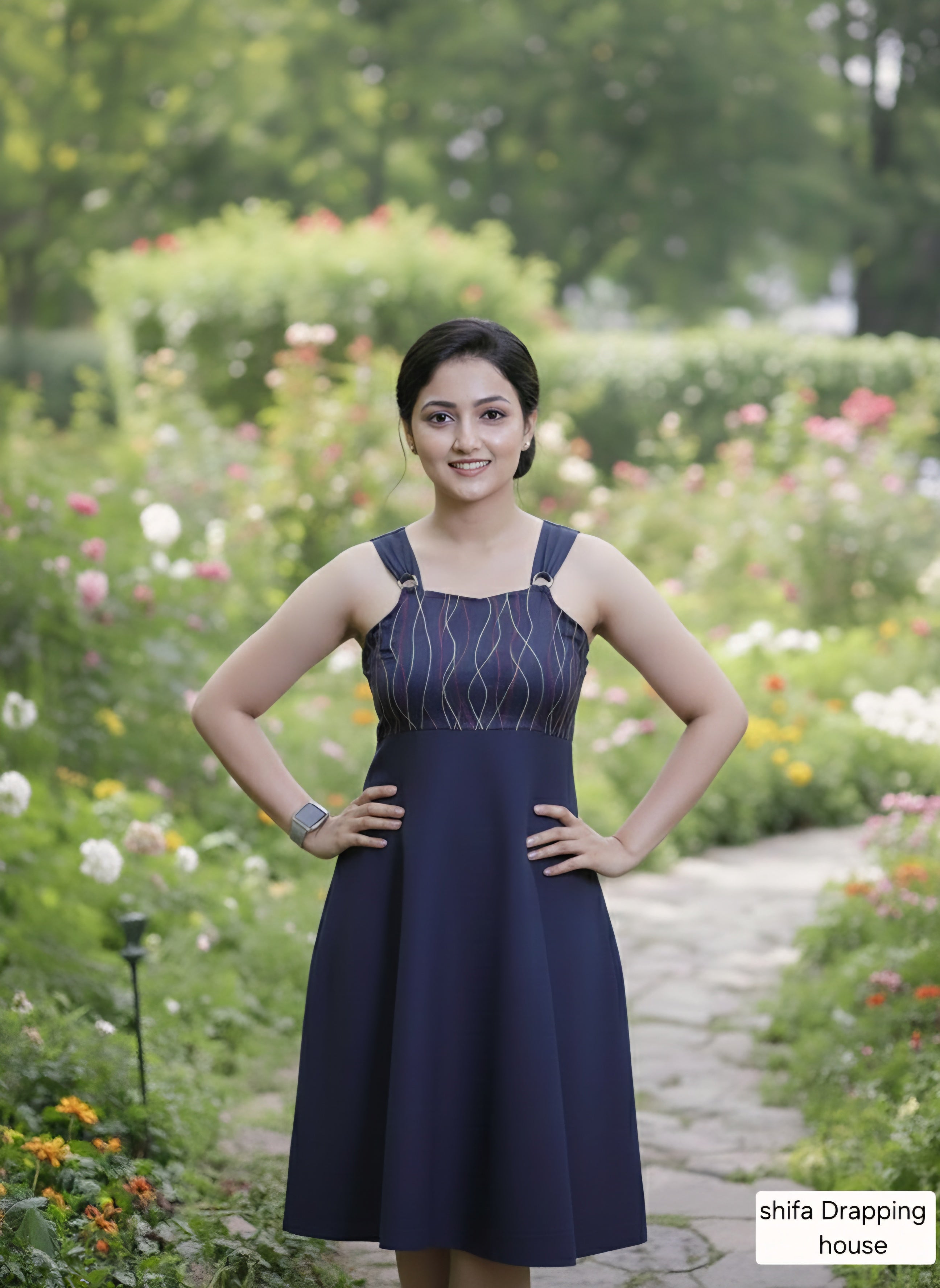 ShifaDrappinghouse.Blue Denim A-Line Dress with Multi-Color Anchor Stitch Embroidery