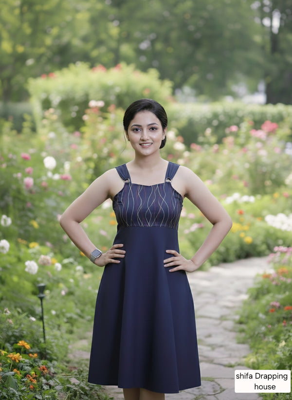 ShifaDrappinghouse.Blue Denim A-Line Dress with Multi-Color Anchor Stitch Embroidery