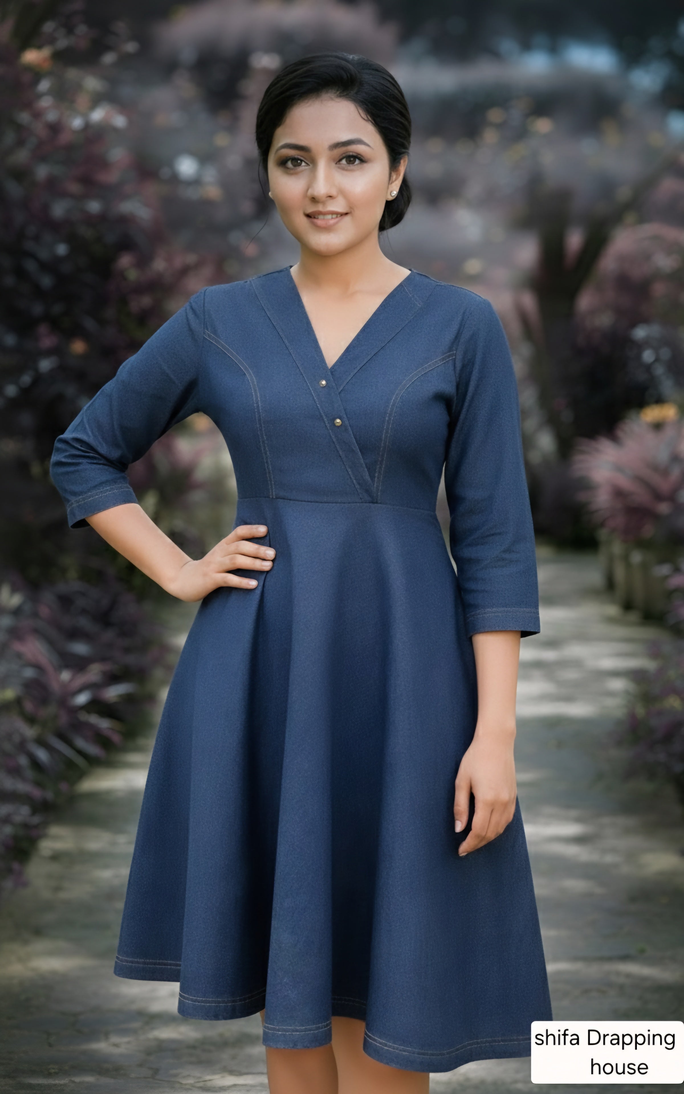 Shifa Draping House - Premium Blue Denim A-Line Midi Dress
