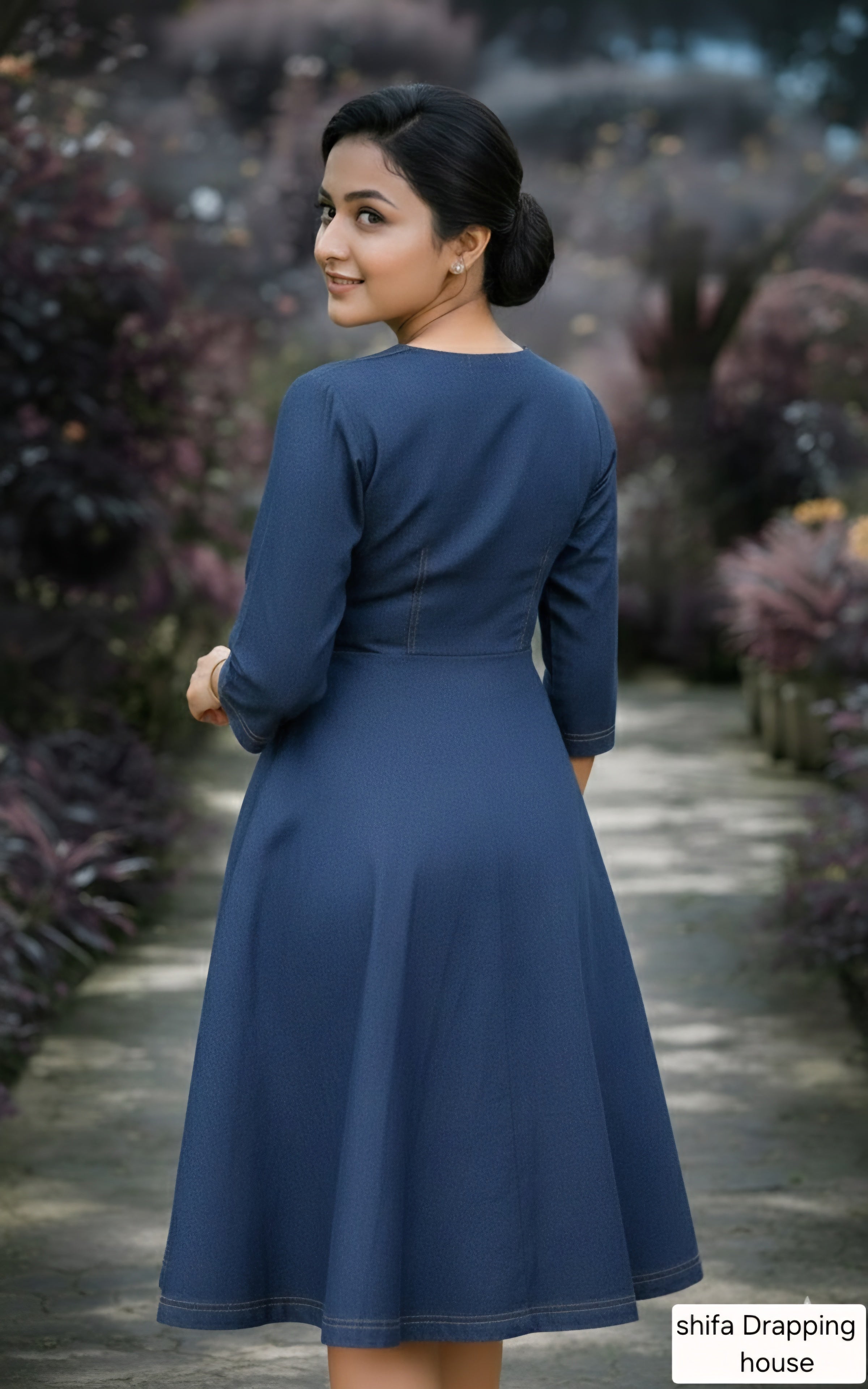 Shifa Draping House - Premium Blue Denim A-Line Midi Dress