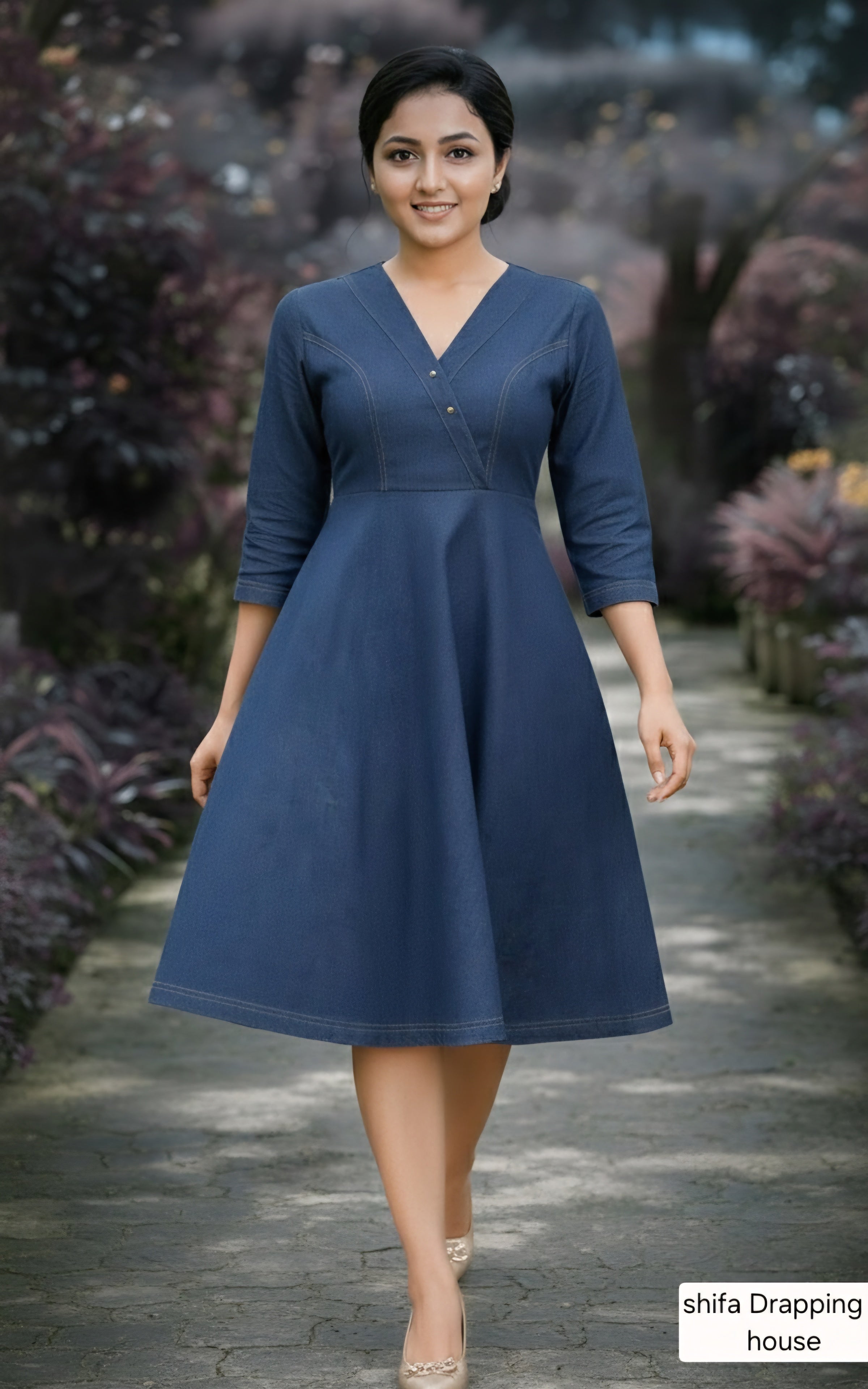 Shifa Draping House - Premium Blue Denim A-Line Midi Dress