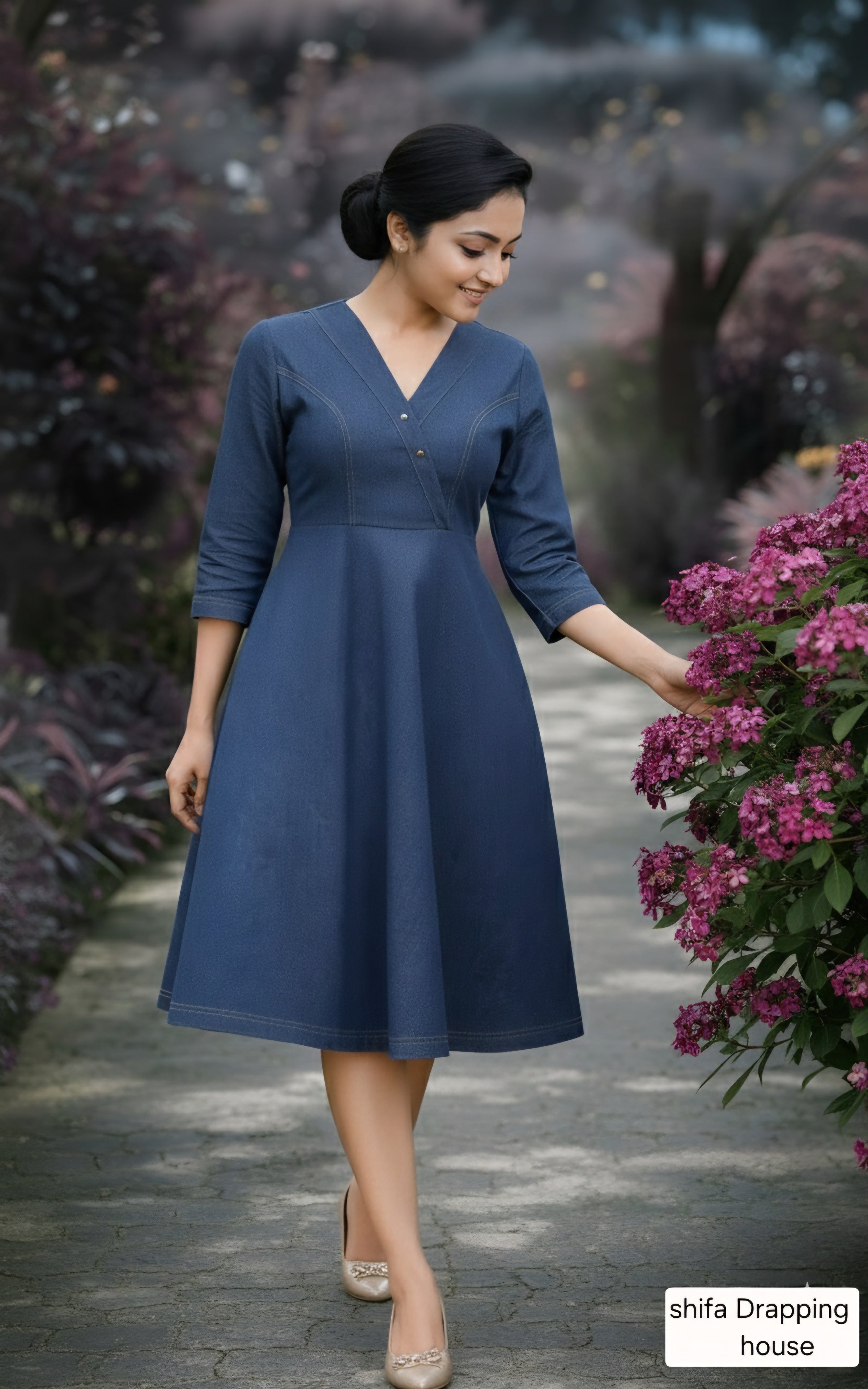Shifa Draping House - Premium Blue Denim A-Line Midi Dress