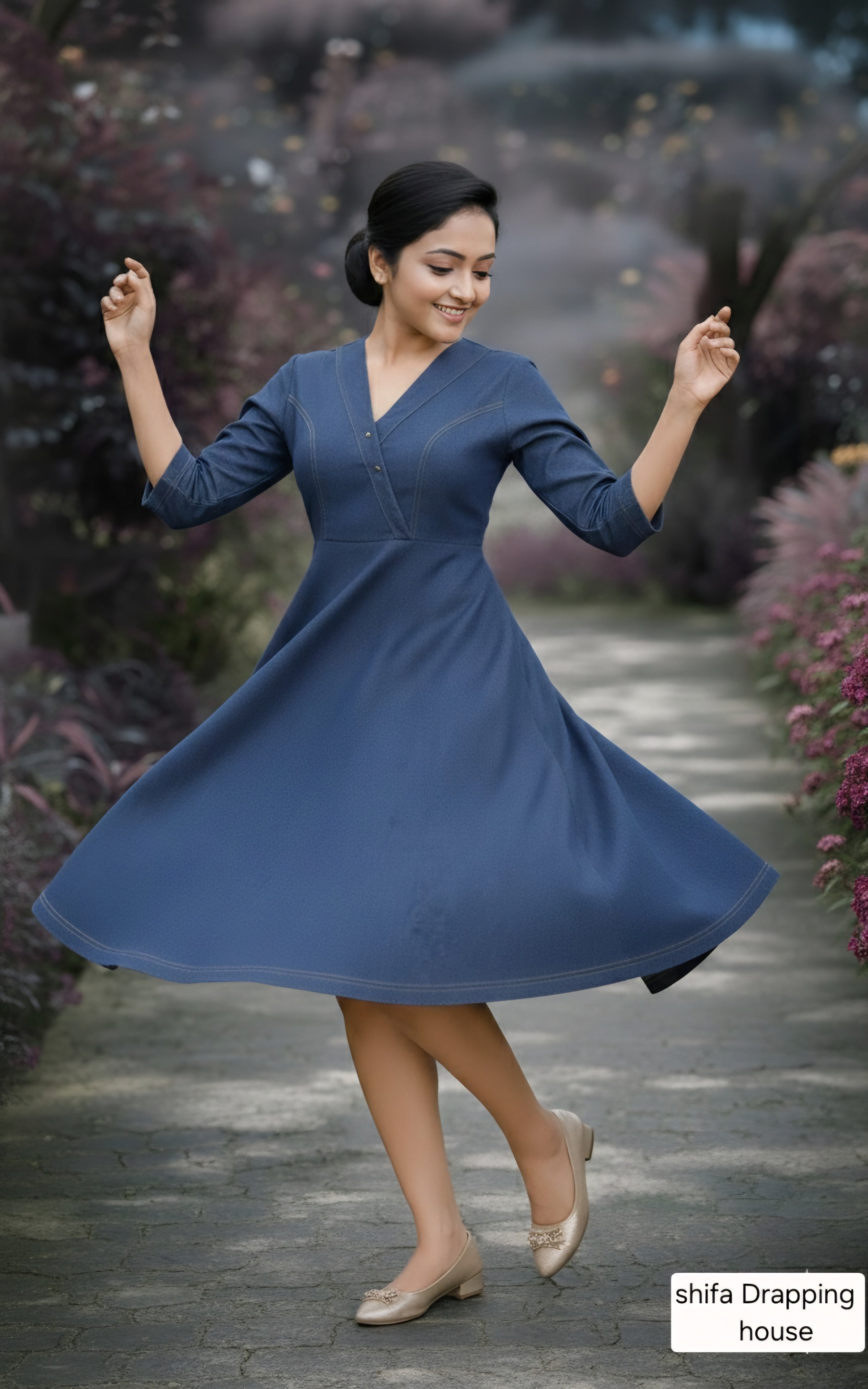 Shifa Draping House - Premium Blue Denim A-Line Midi Dress