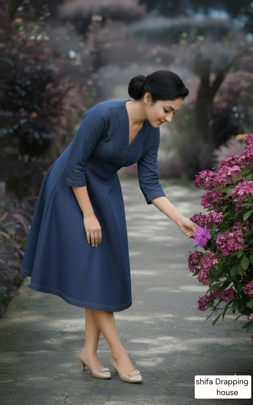 Shifa Draping House - Premium Blue Denim A-Line Midi Dress