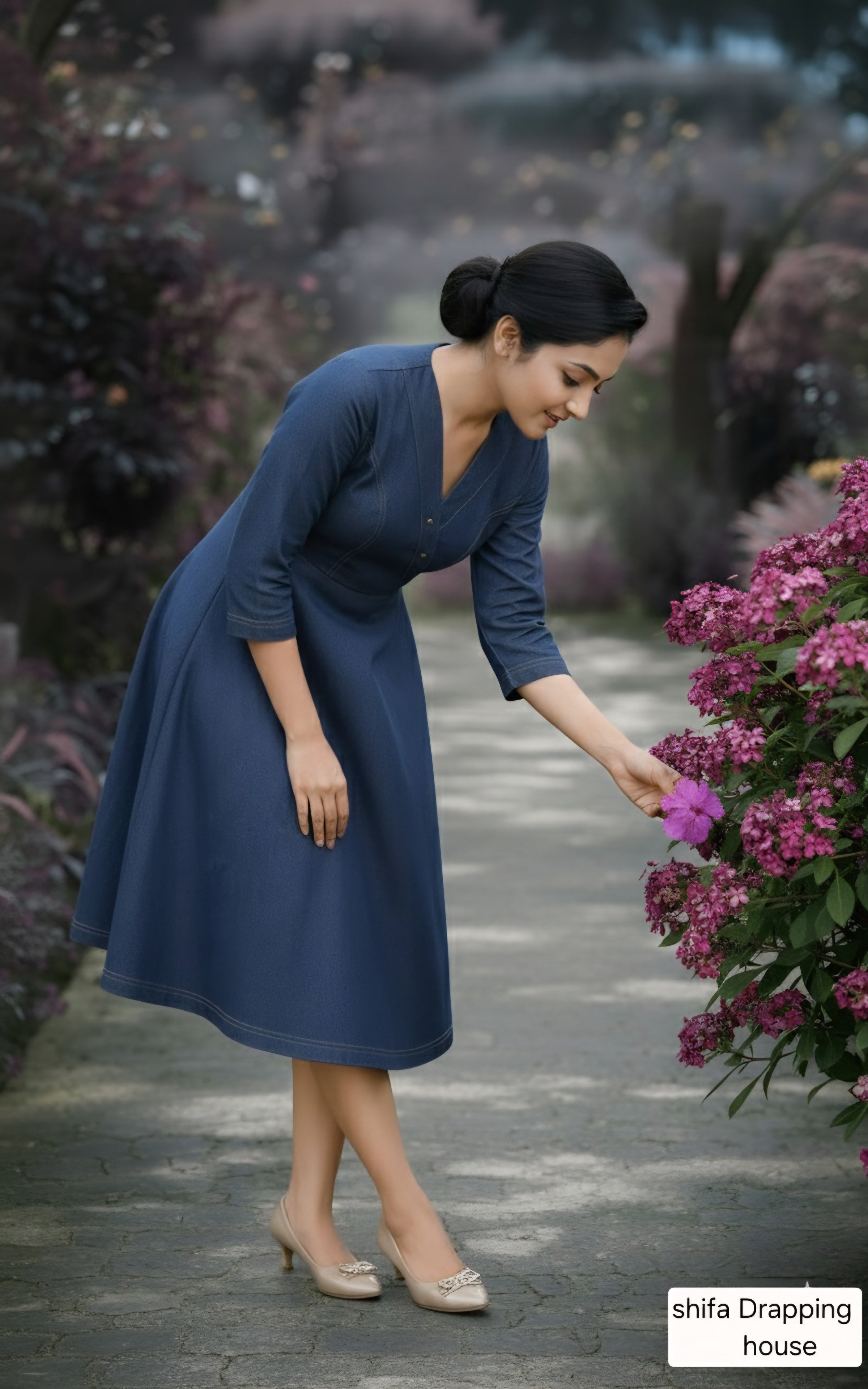 Shifa Draping House - Premium Blue Denim A-Line Midi Dress