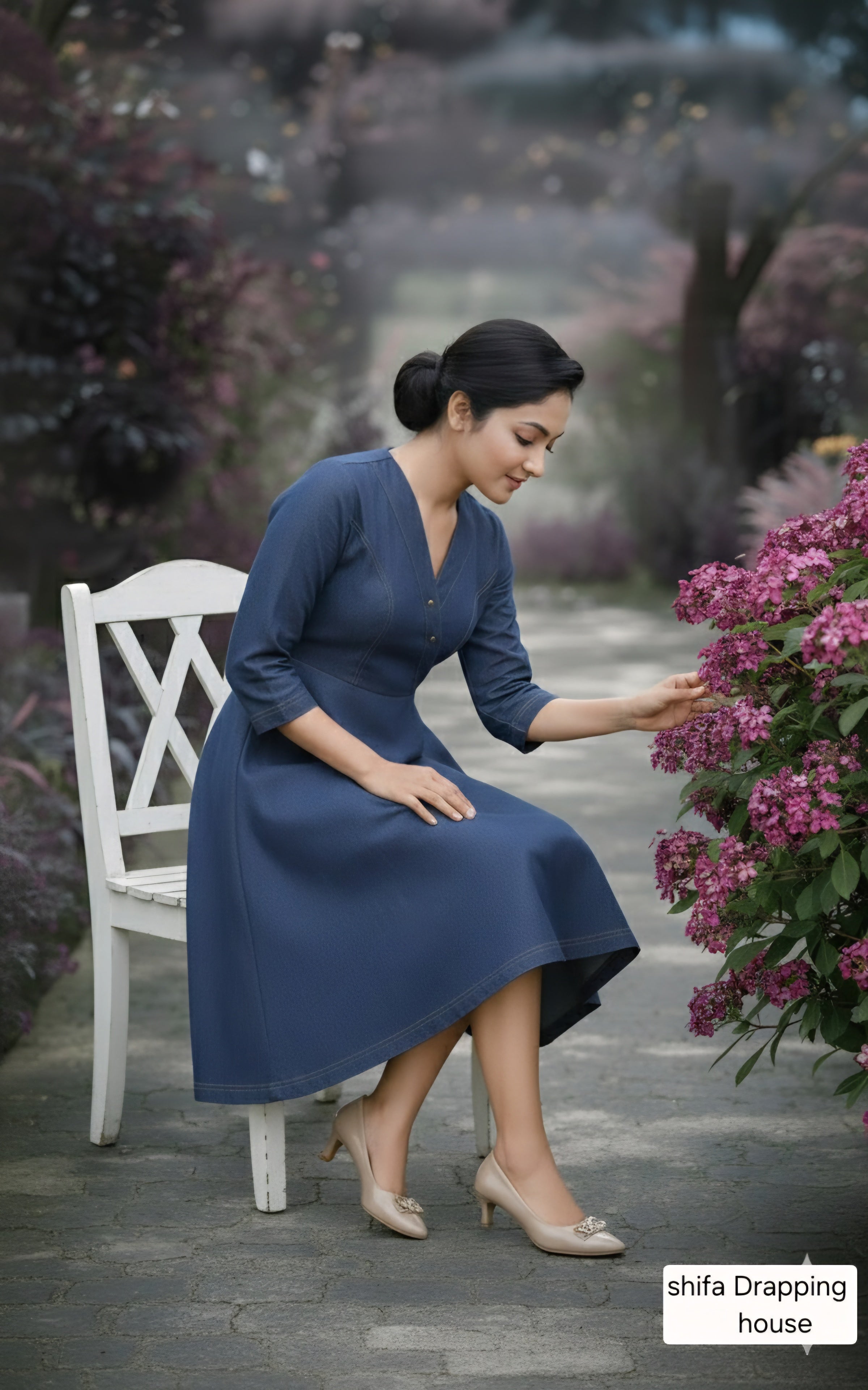 Shifa Draping House - Premium Blue Denim A-Line Midi Dress