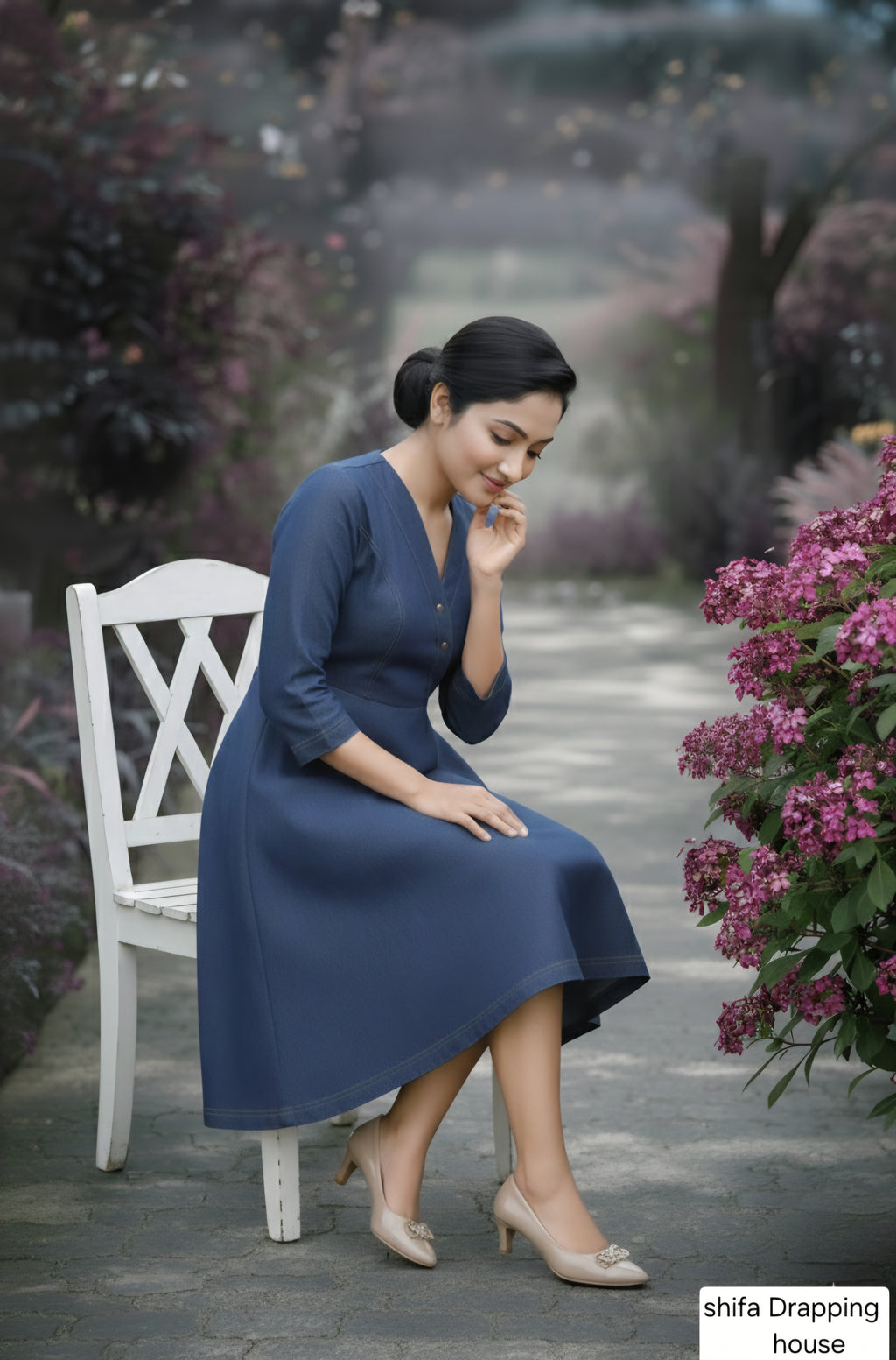 Shifa Draping House - Premium Blue Denim A-Line Midi Dress