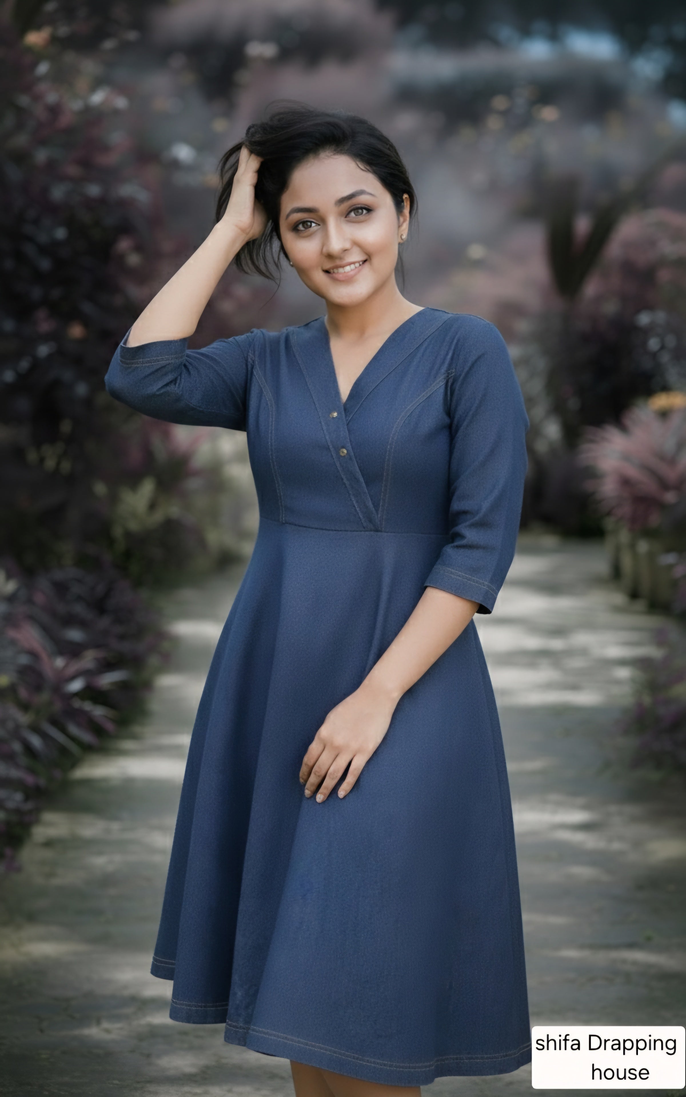 Shifa Draping House - Premium Blue Denim A-Line Midi Dress