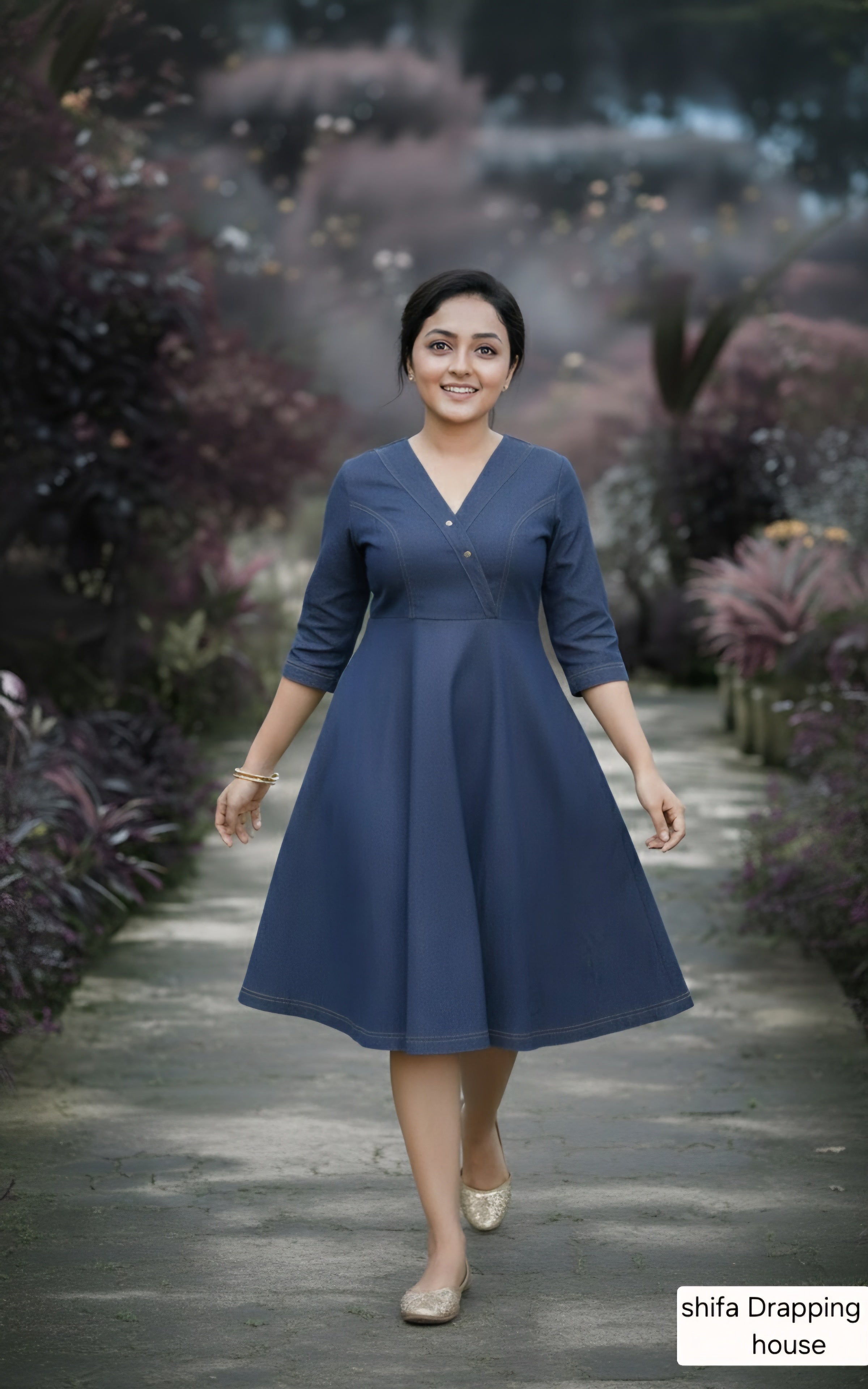 Shifa Draping House - Premium Blue Denim A-Line Midi Dress