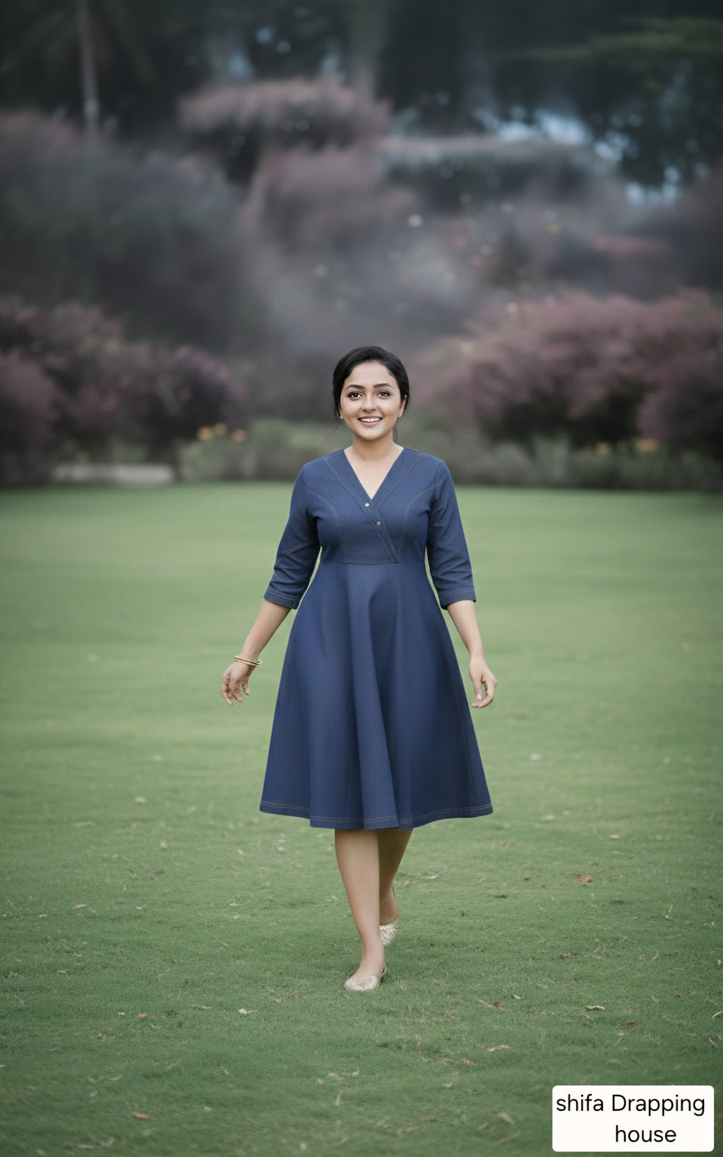 Shifa Draping House - Premium Blue Denim A-Line Midi Dress