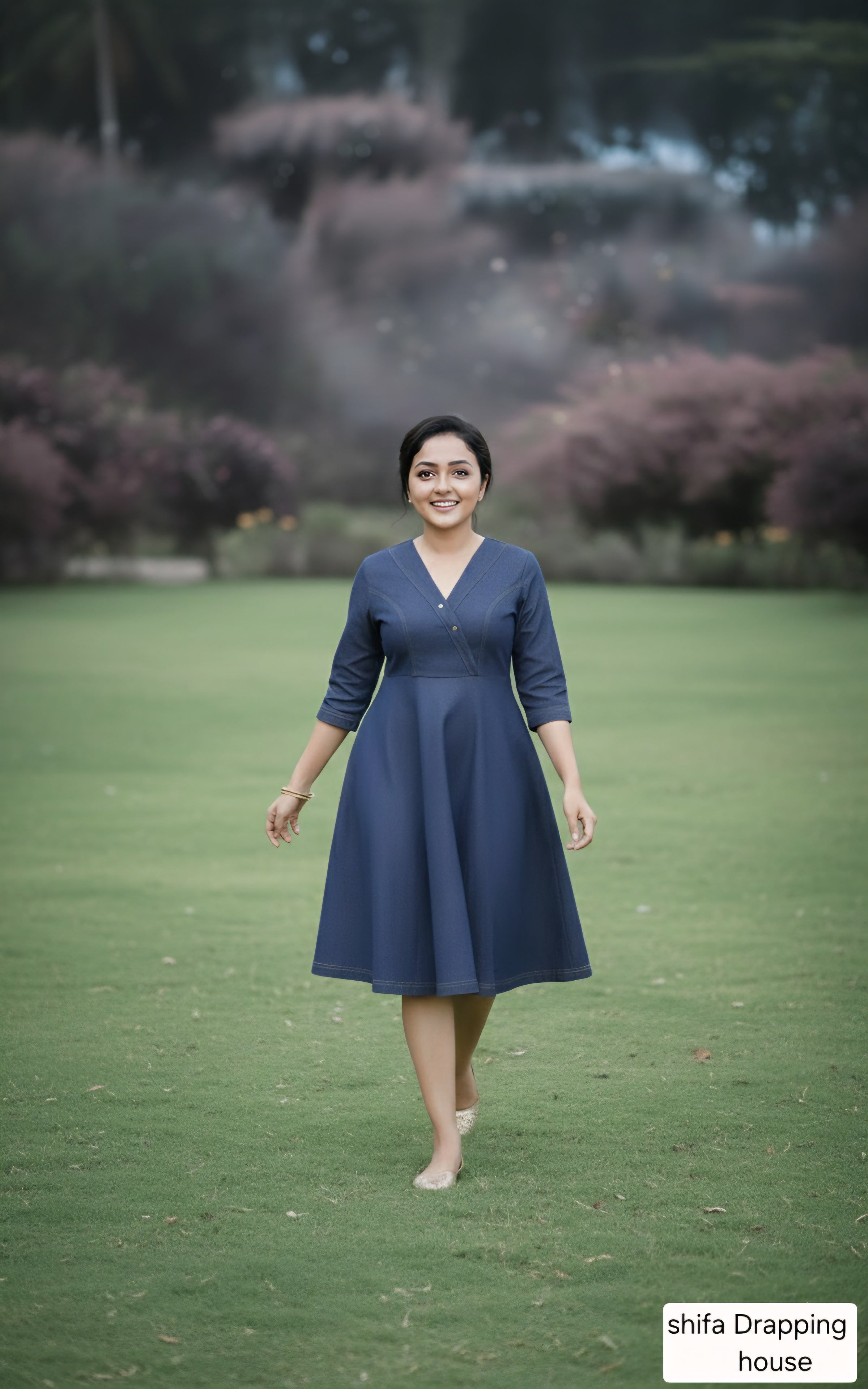 Shifa Draping House - Premium Blue Denim A-Line Midi Dress