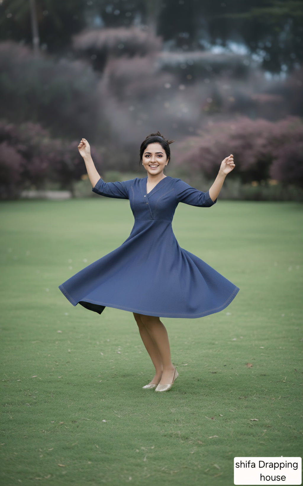 Shifa Draping House - Premium Blue Denim A-Line Midi Dress