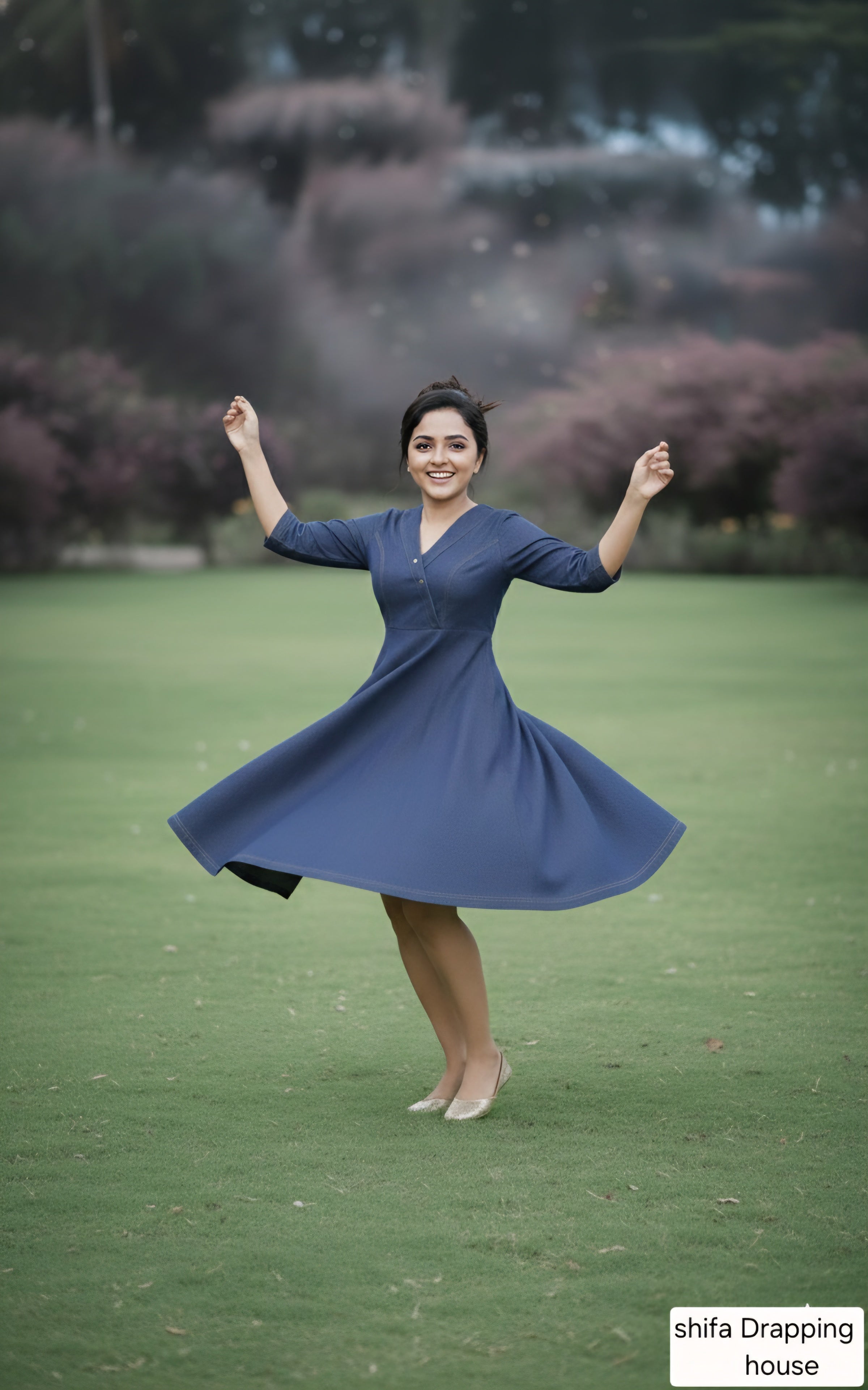 Shifa Draping House - Premium Blue Denim A-Line Midi Dress
