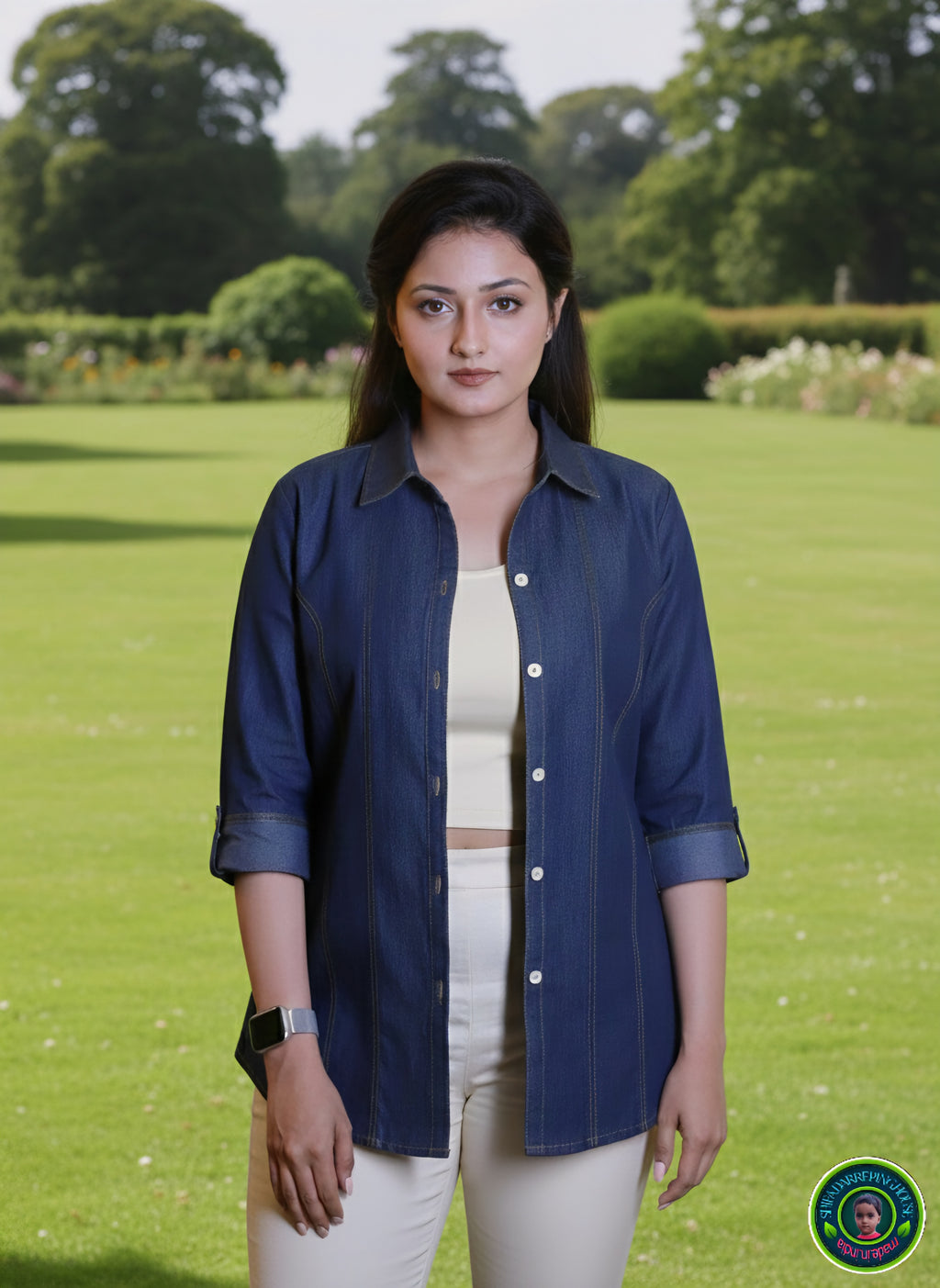 ShifaDrappinghouse.Versatile Indigo Denim Tunic Shirt with Contrast Stitching