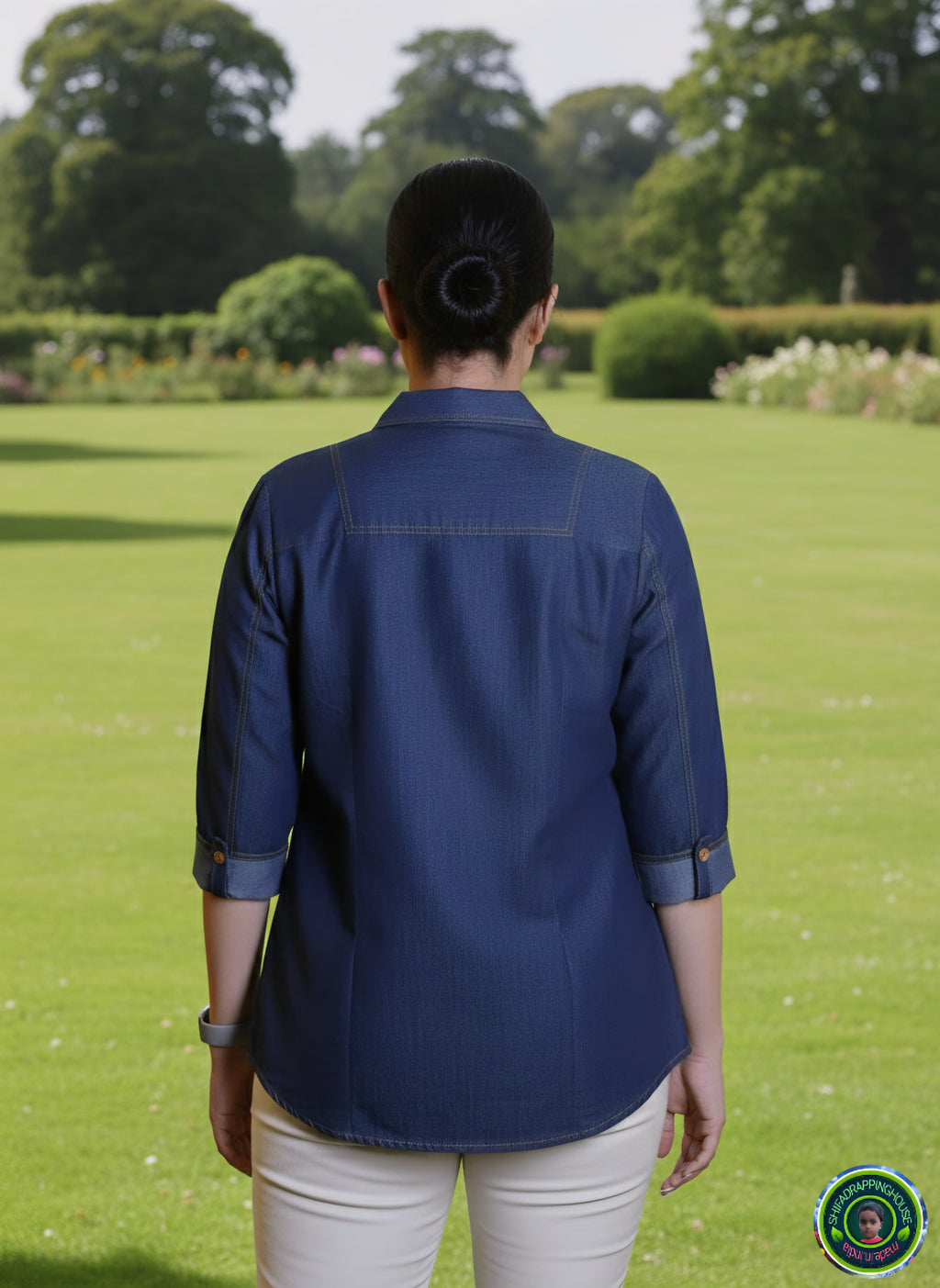 ShifaDrappinghouse.Versatile Indigo Denim Tunic Shirt with Contrast Stitching