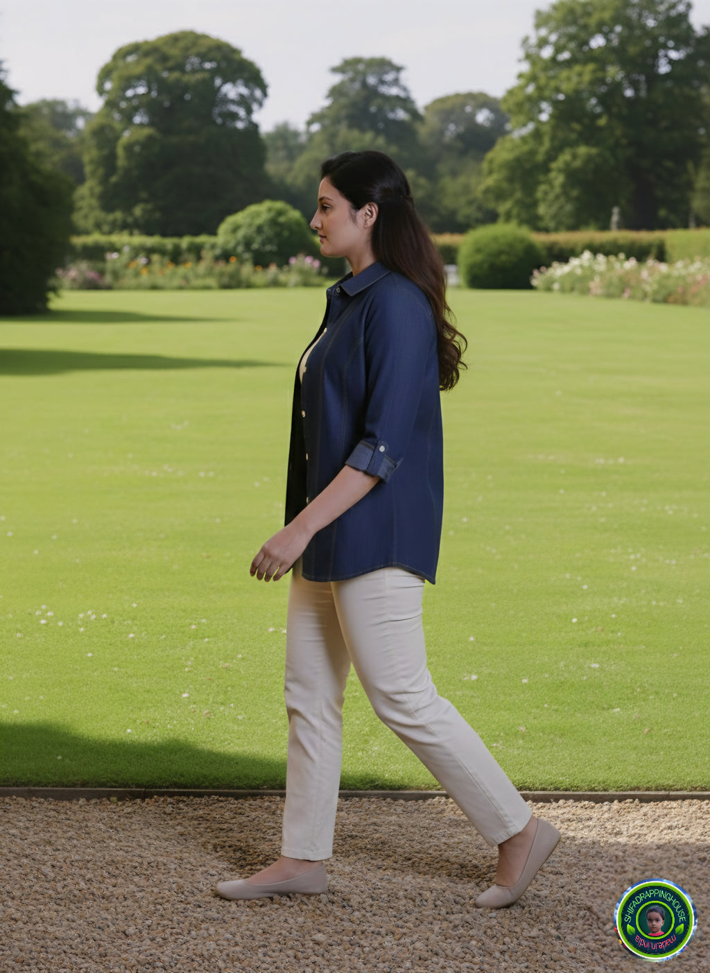 ShifaDrappinghouse.Versatile Indigo Denim Tunic Shirt with Contrast Stitching