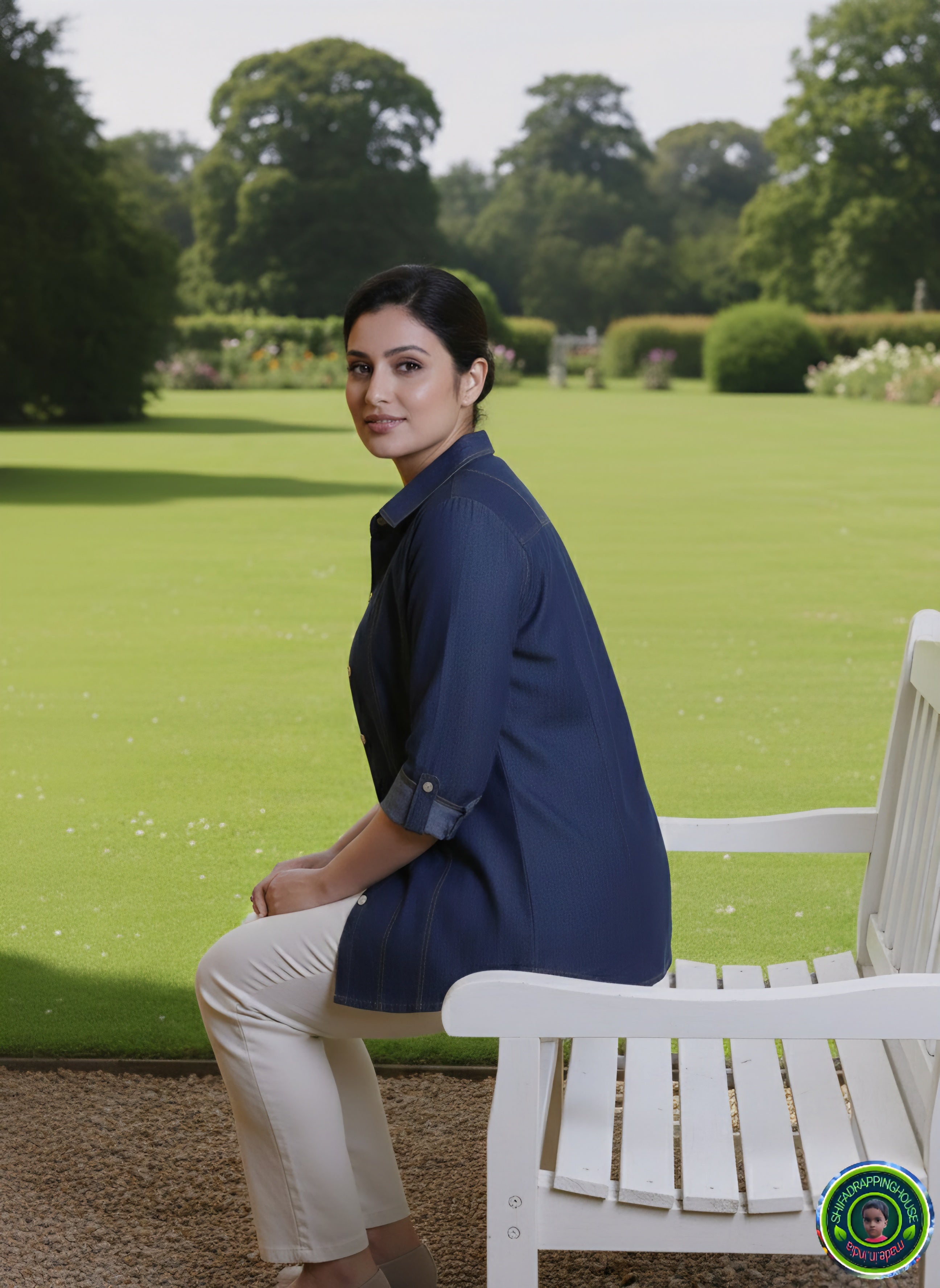 ShifaDrappinghouse.Versatile Indigo Denim Tunic Shirt with Contrast Stitching