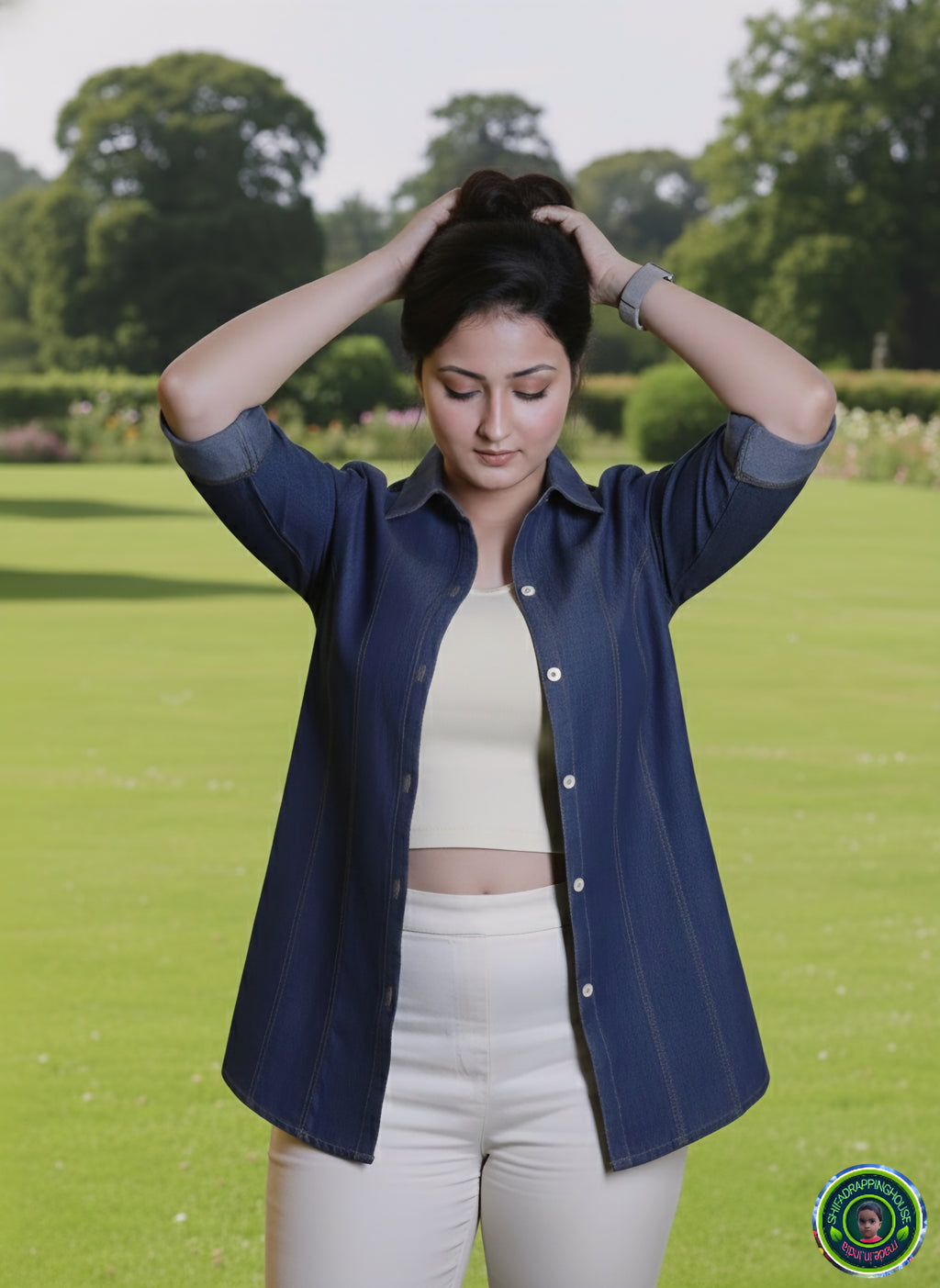 ShifaDrappinghouse.Versatile Indigo Denim Tunic Shirt with Contrast Stitching